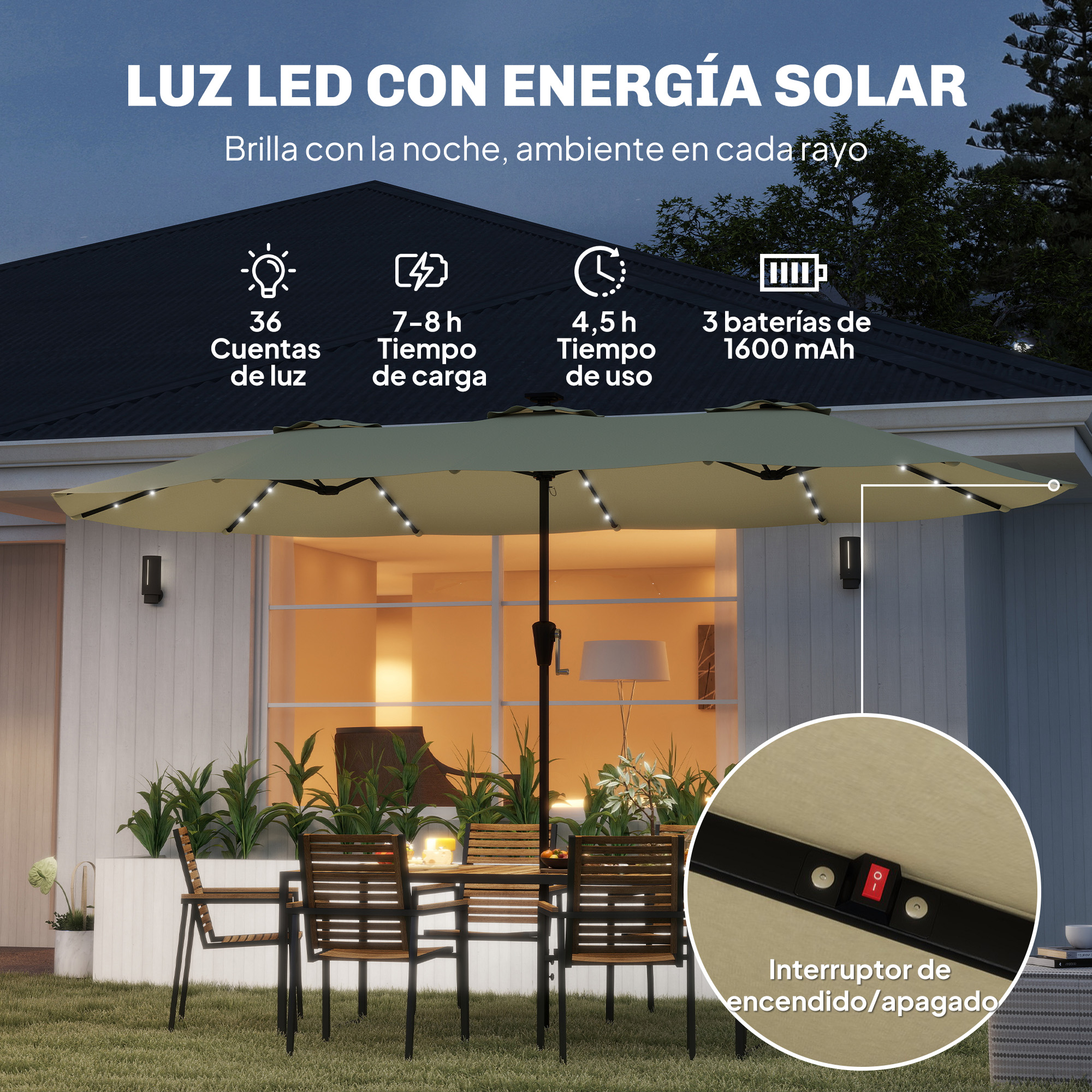 Un parasol para patio con luces LED y un interruptor de encendido/apagado.
