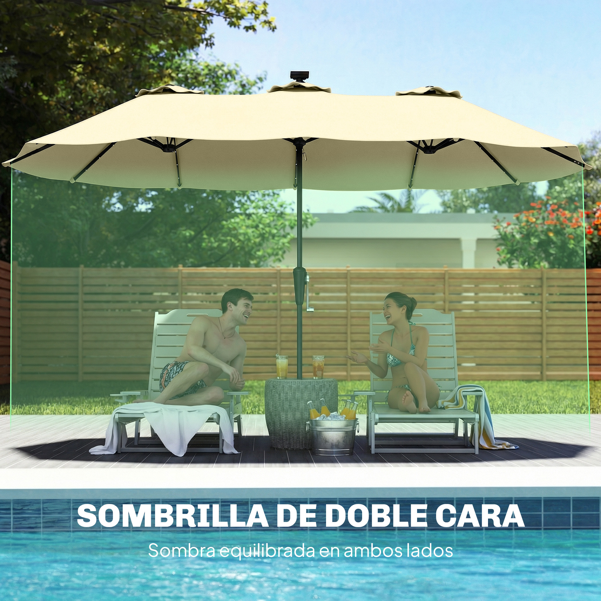 Una pareja se relaja bajo una sombrilla grande de patio junto a una piscina.