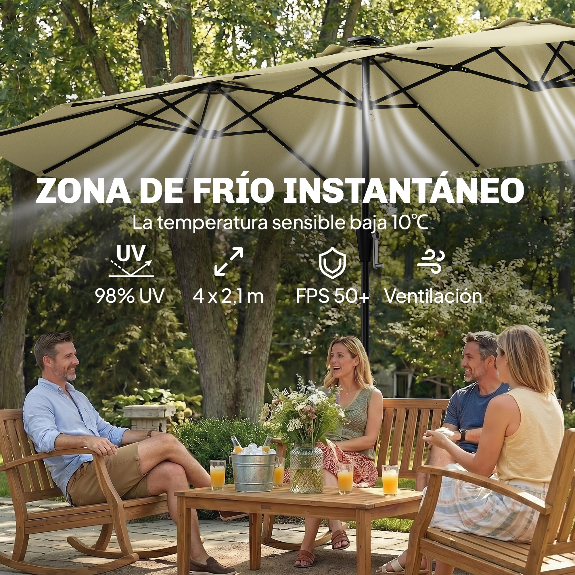 Gente relajándose bajo un parasol con rociadores que proporcionan aire fresco.