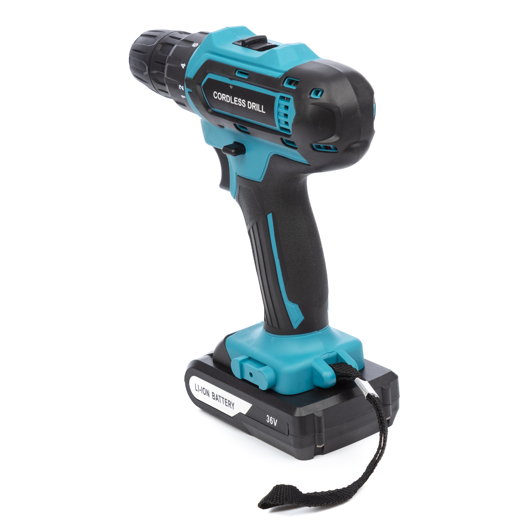 Un taladro inalámbrico azul y negro con batería desmontable.