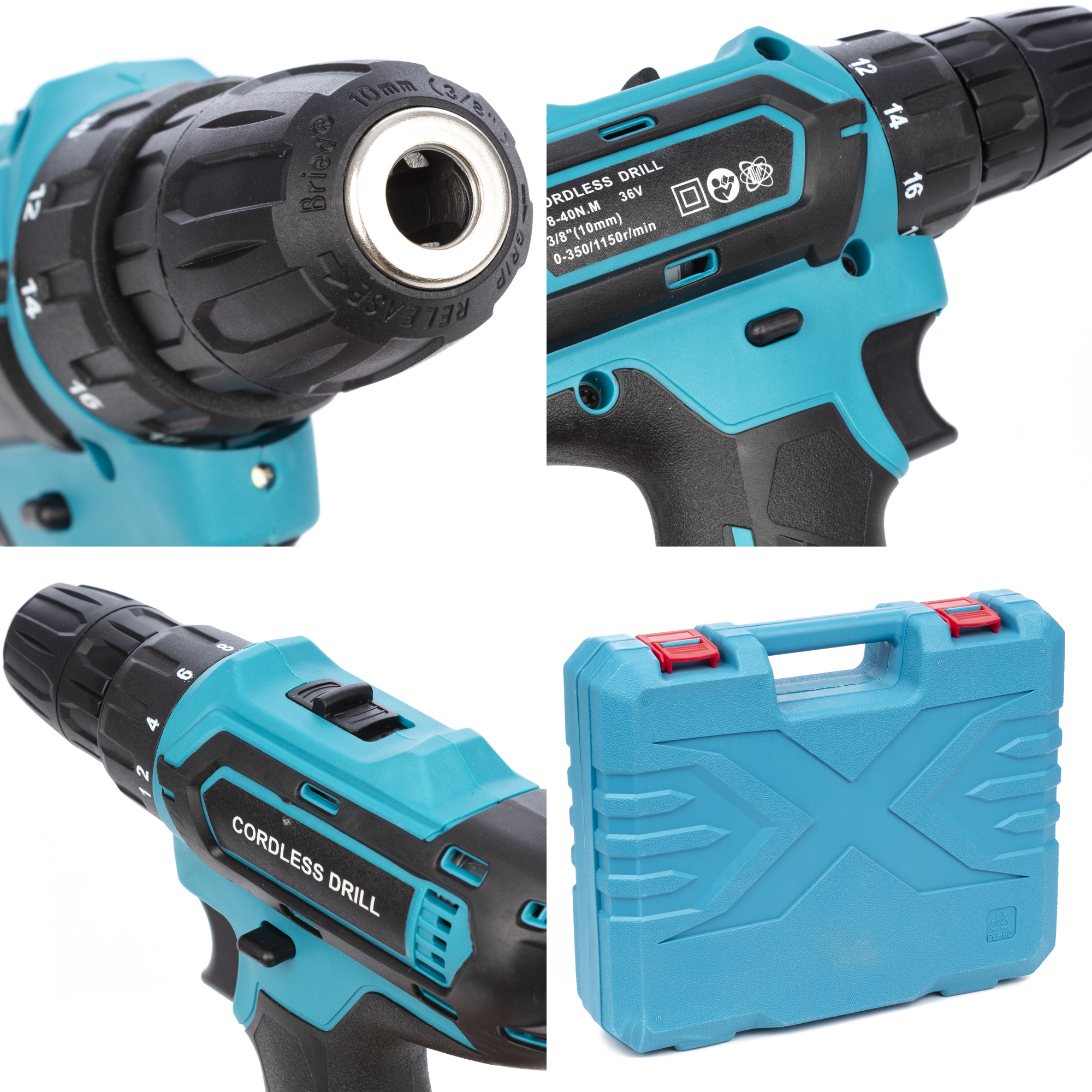 Un taladro inalámbrico azul y negro con su maleta.