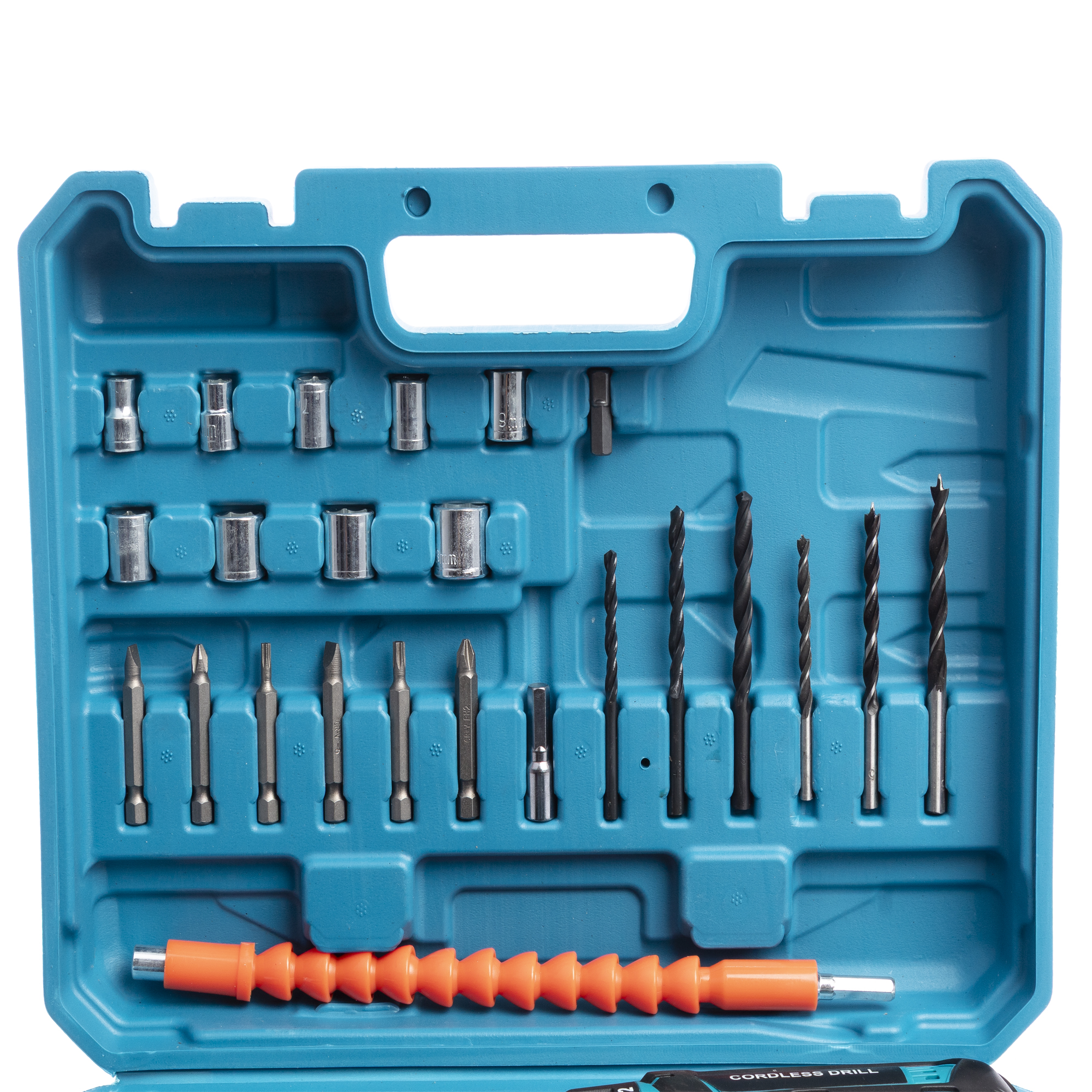 Una caja azul con herramientas, incluyendo puntas, brocas y un portapuntas flexible.
