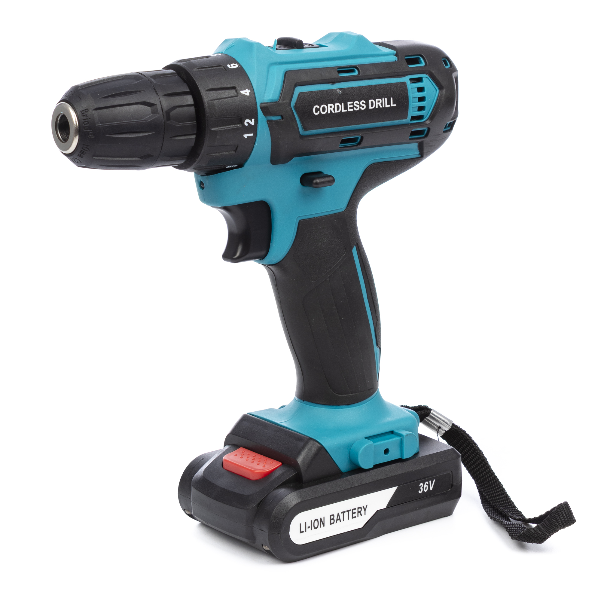 Un taladro inalámbrico azul y negro sobre fondo blanco. Etiquetado CORDLESS DRILL.