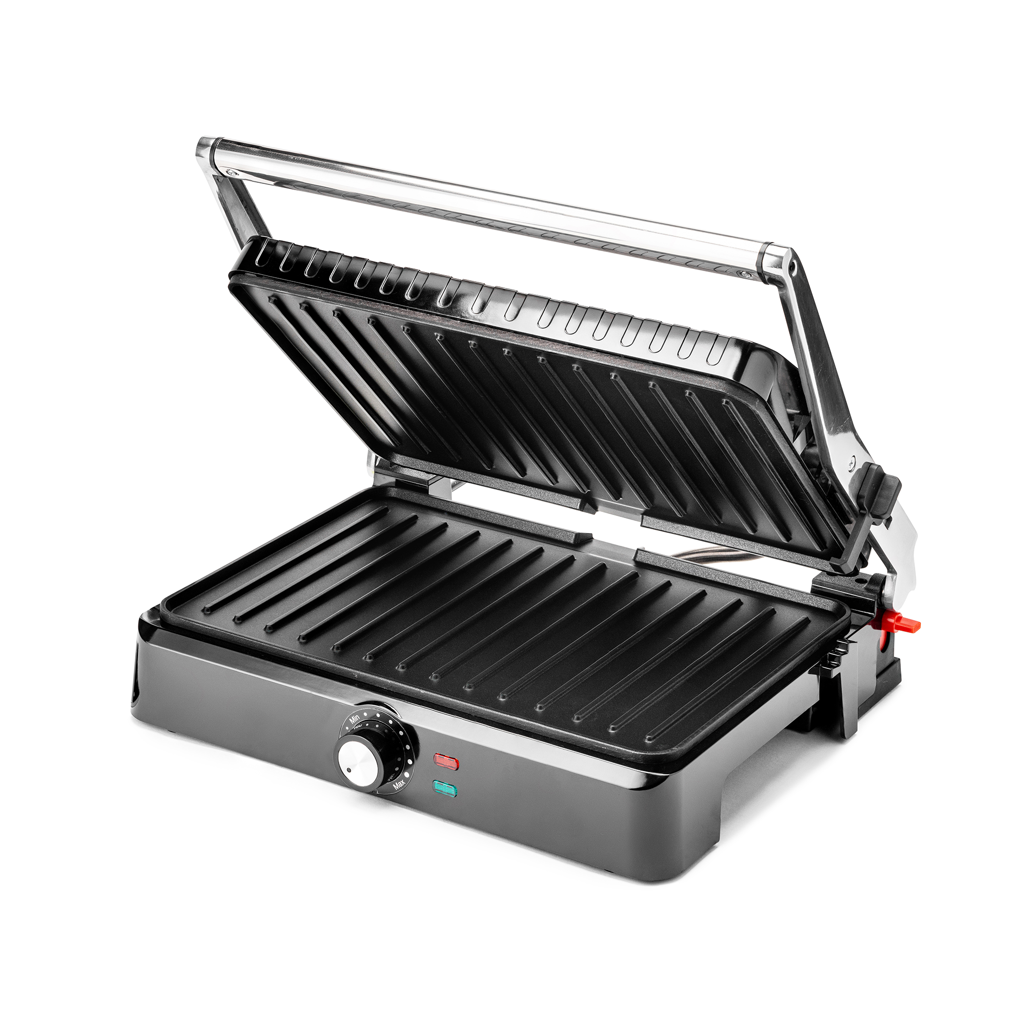 Otwarty grill kontaktowy z czarnymi płytami grillowymi i srebrną rączką.
