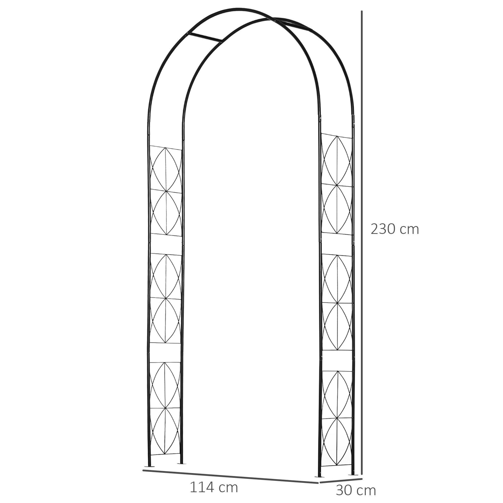 Arco de metal negro con patrones geométricos, 230 cm de alto, 114 cm de ancho.