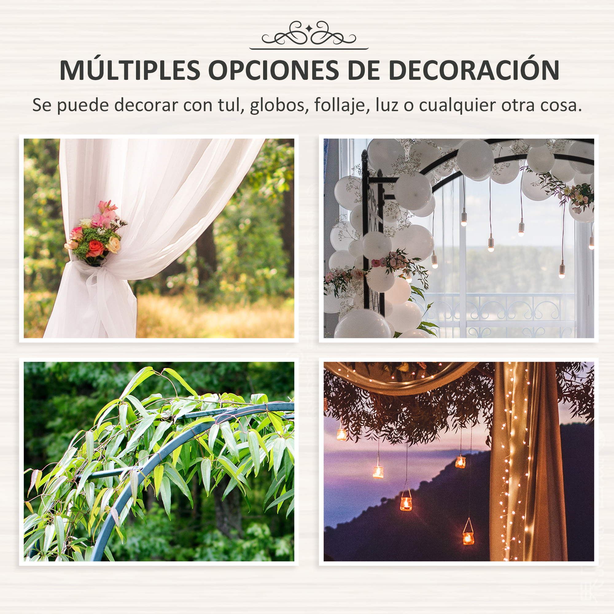 Cuatro escenas de decoración: tela, globos, plantas y luces.