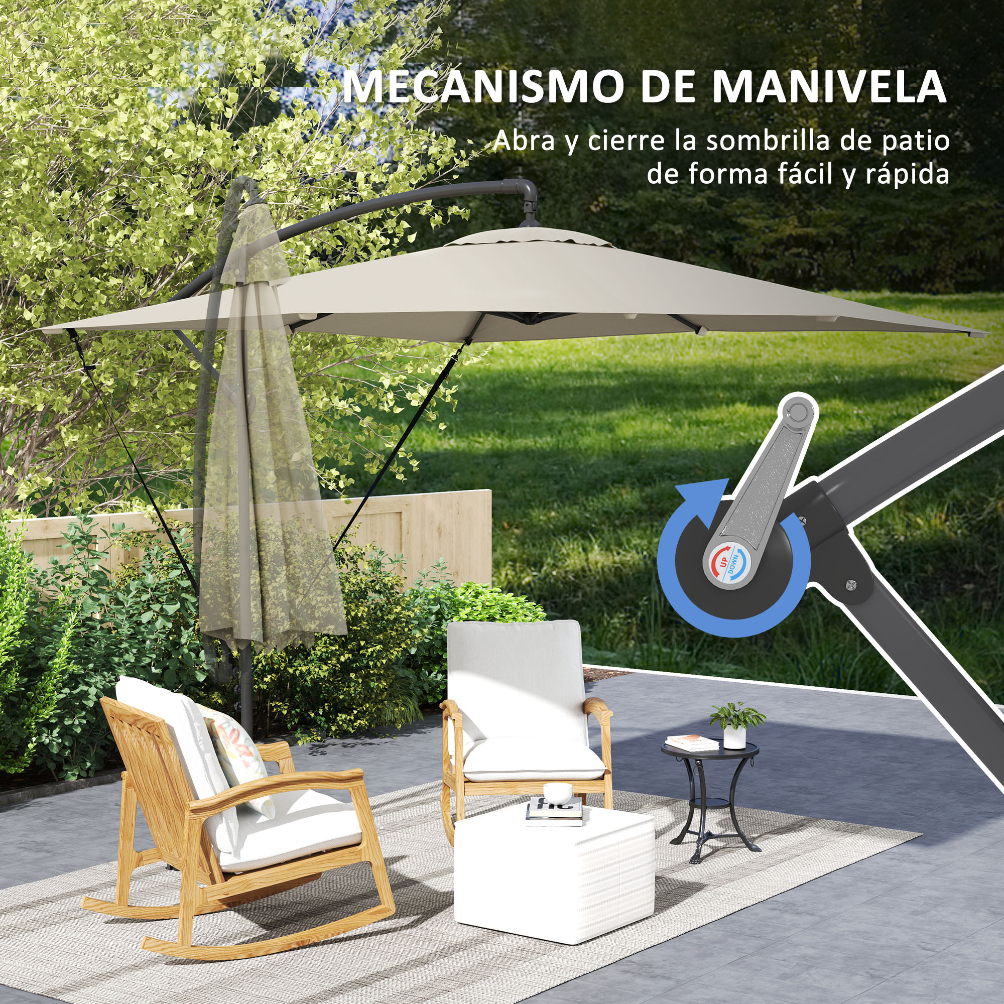 Un parasol de patio con mecanismo de manivela sobre dos sillas de madera.