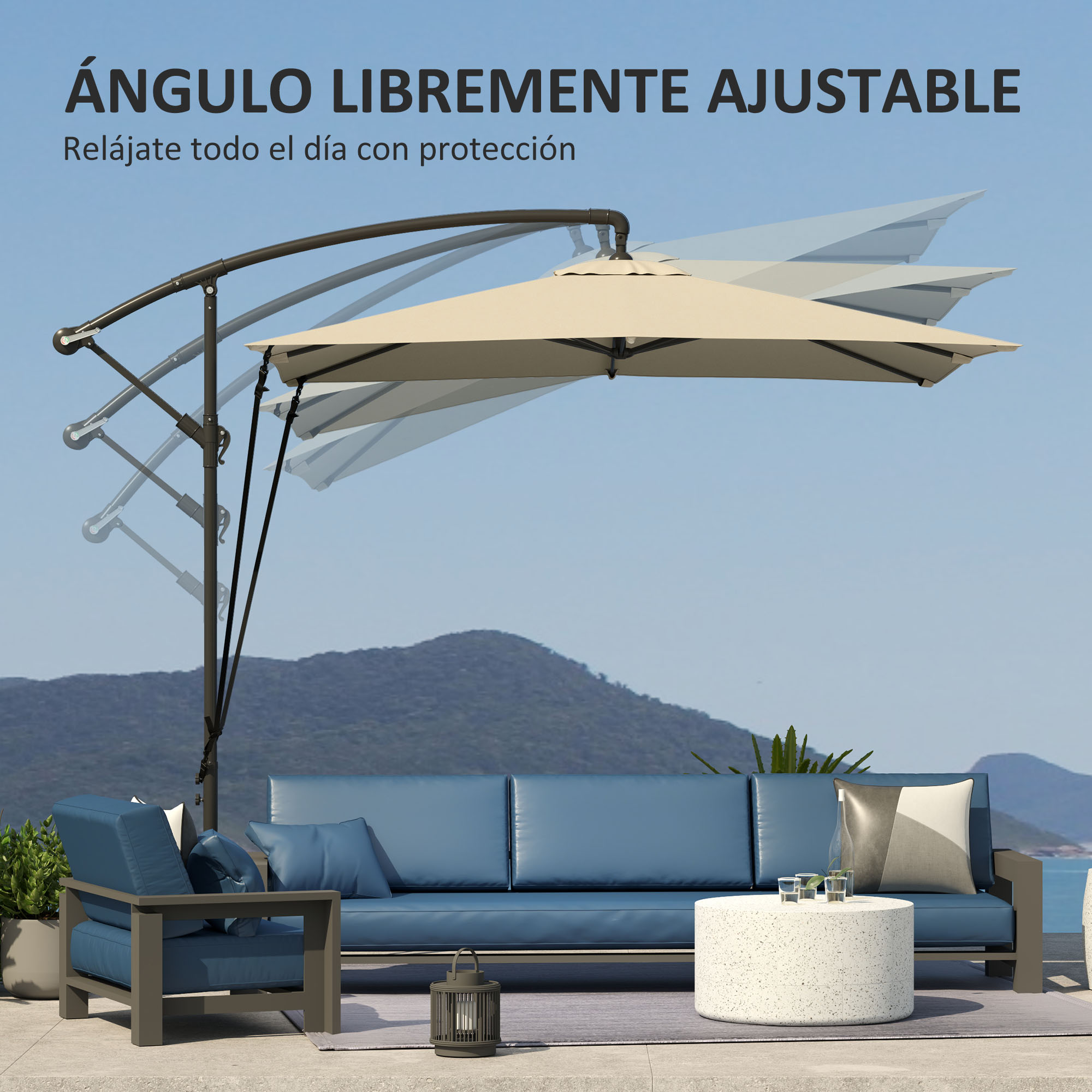 Un parasol beige con ángulo ajustable sobre un sofá azul de exterior.