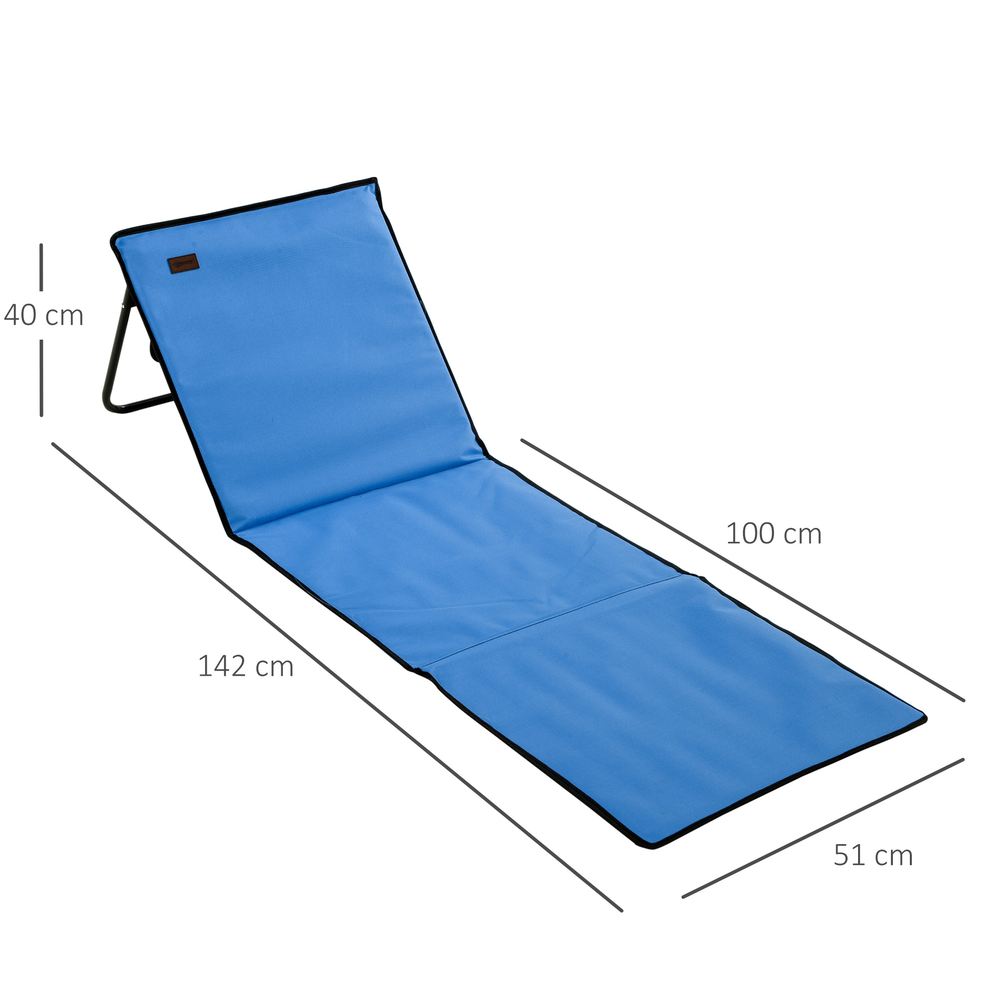 Esterilla de playa azul con borde negro, se muestran las dimensiones.