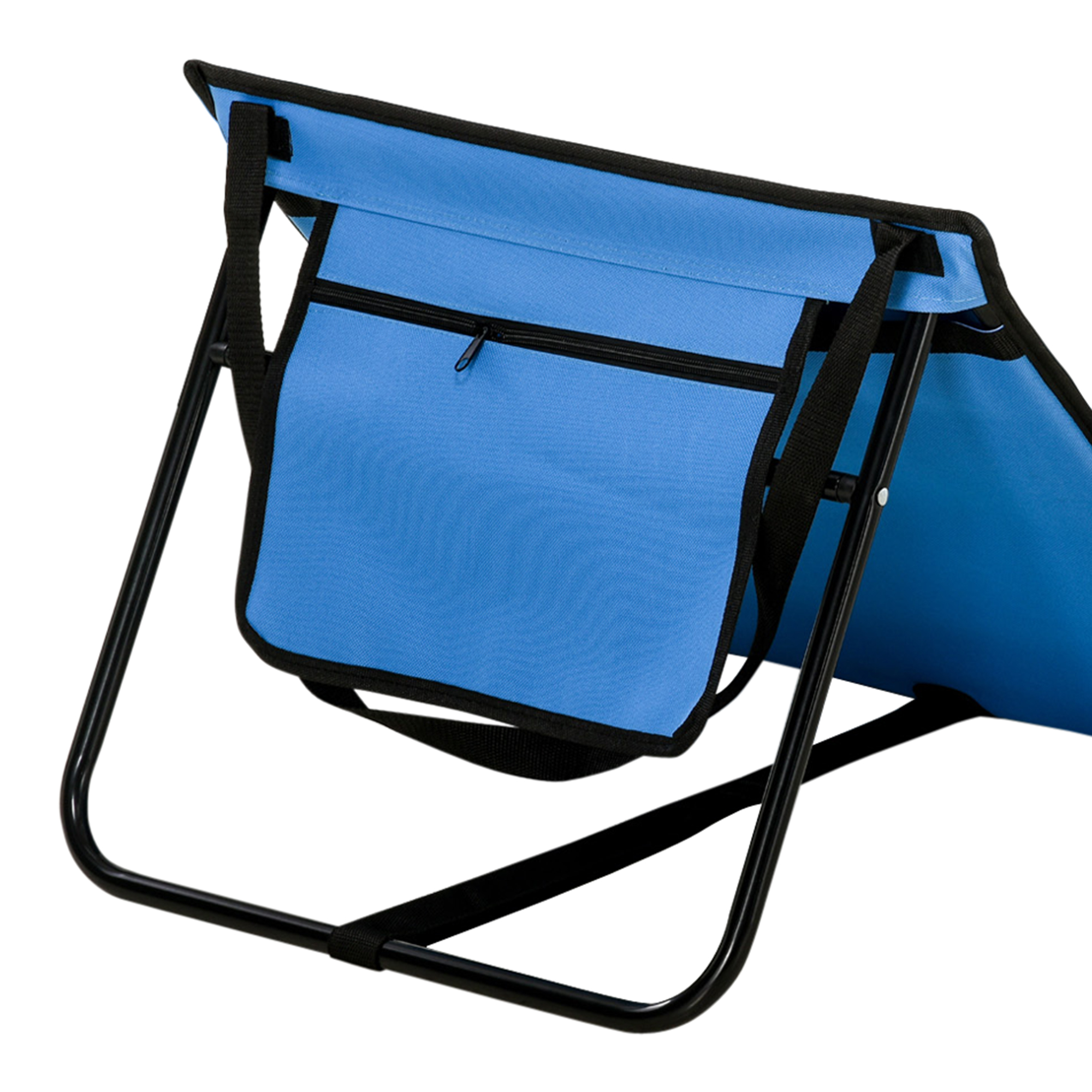 Una silla de camping azul con marco de metal negro y bolsillo con cremallera.