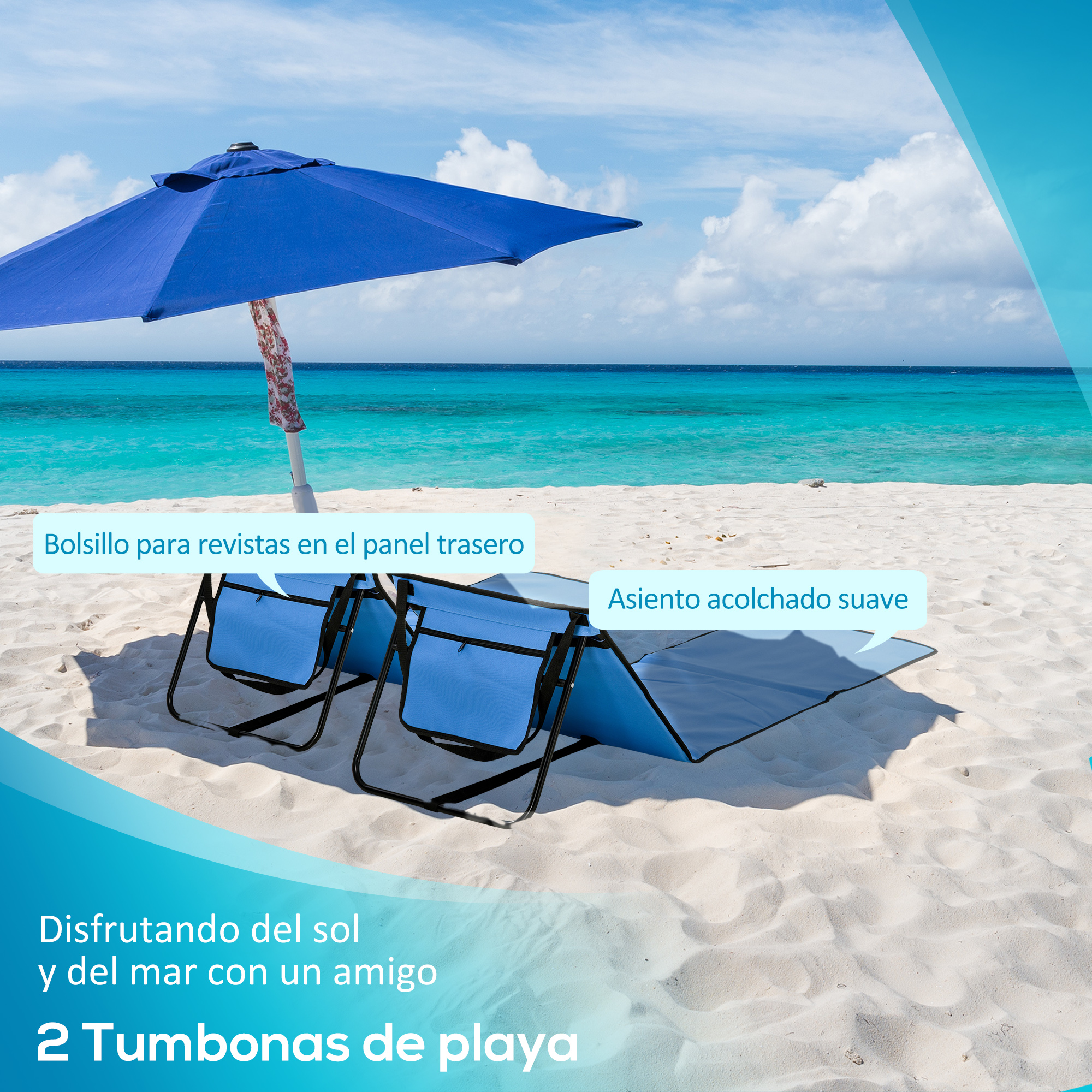 Dos tumbonas azules en la playa bajo una sombrilla azul con el mar de fondo.