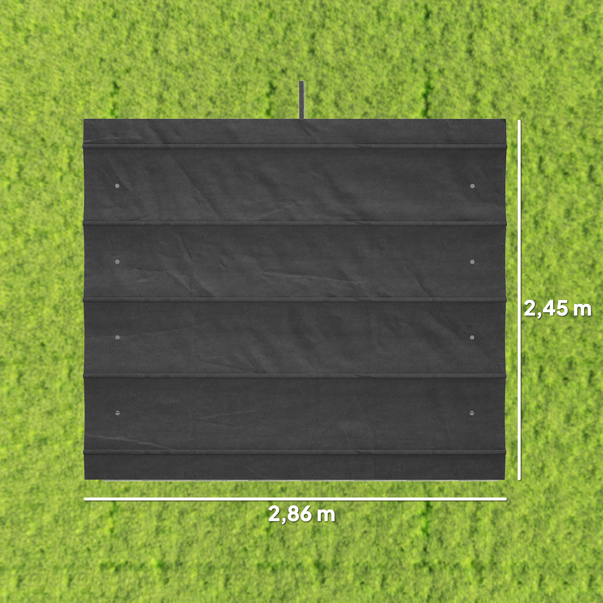 Toldo gris oscuro sobre césped verde. 2,86 m de ancho, 2,45 m de alto.