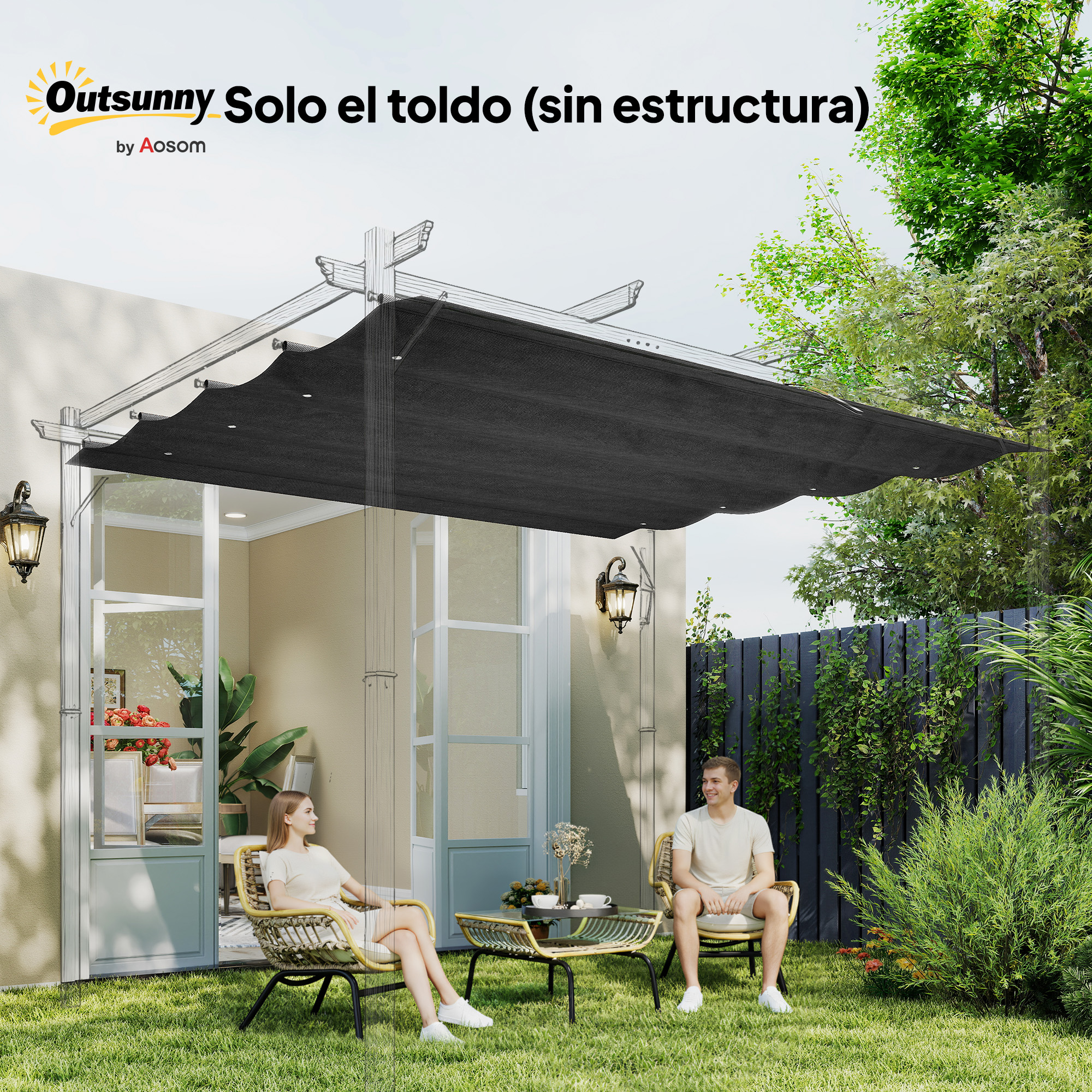 Una pareja se sienta al aire libre en un césped con un toldo extendido sobre ellos.