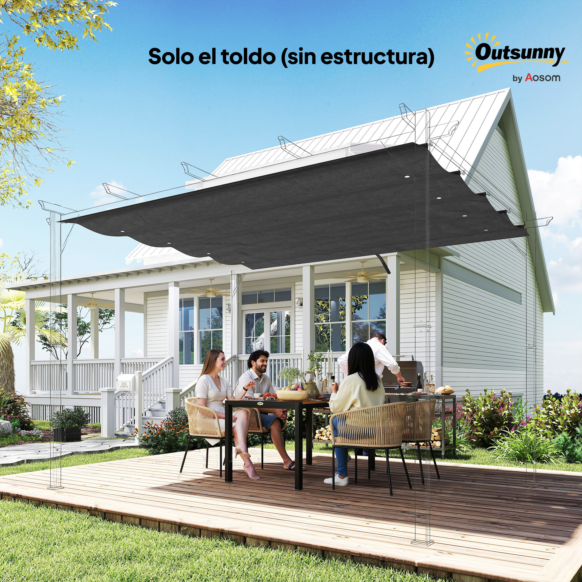 La gente asa y come al aire libre bajo un toldo junto a una casa.