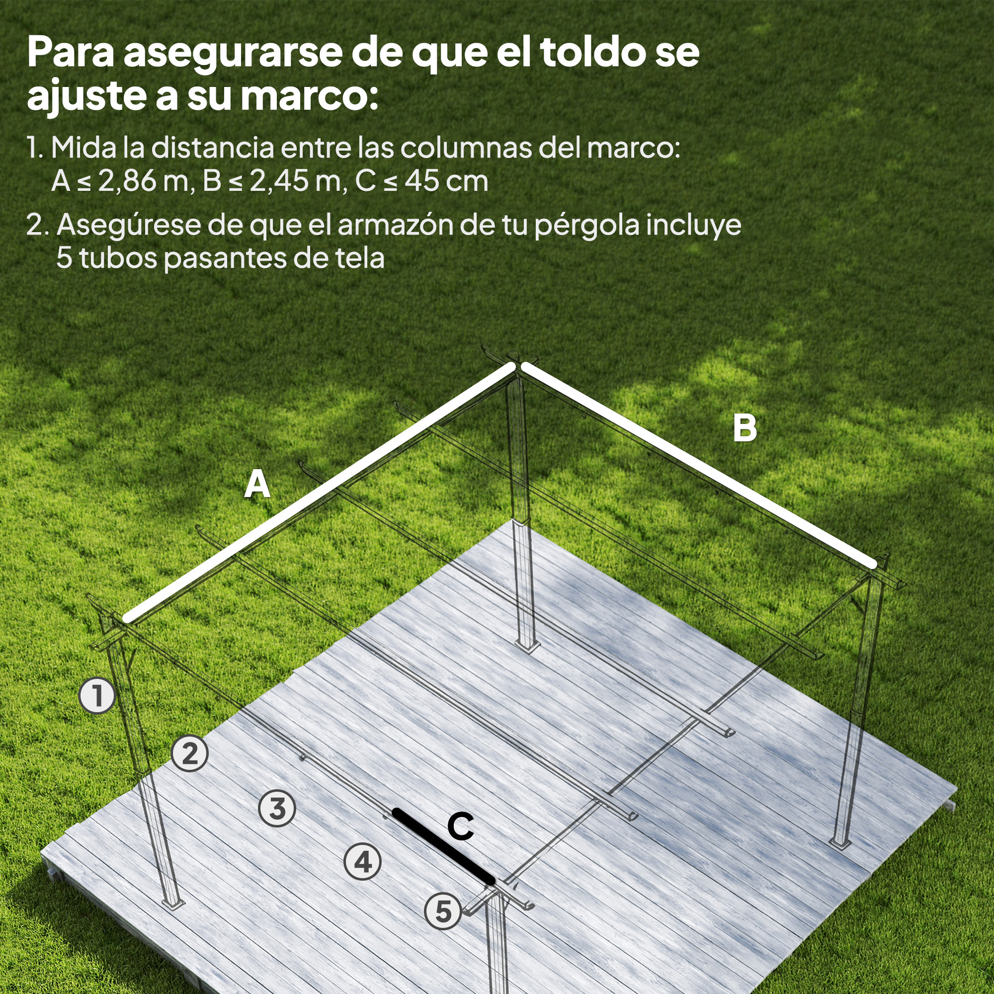 Ilustración de un marco de toldo con puntos de medida A, B y C en terraza de madera y césped.