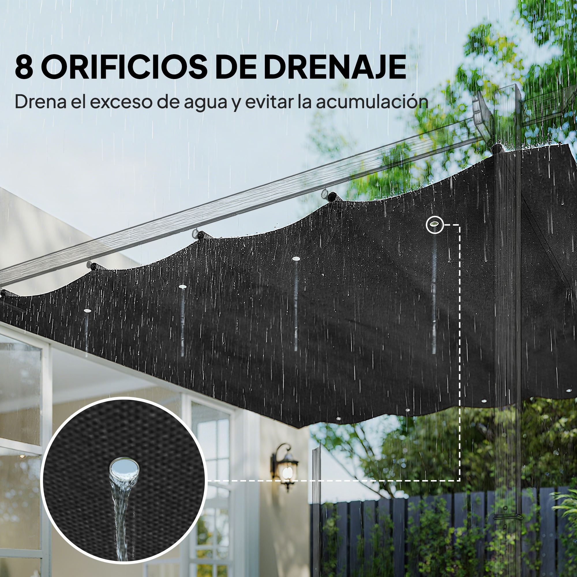 Toldo negro con 8 orificios de drenaje bajo la lluvia. El agua fluye por un agujero.