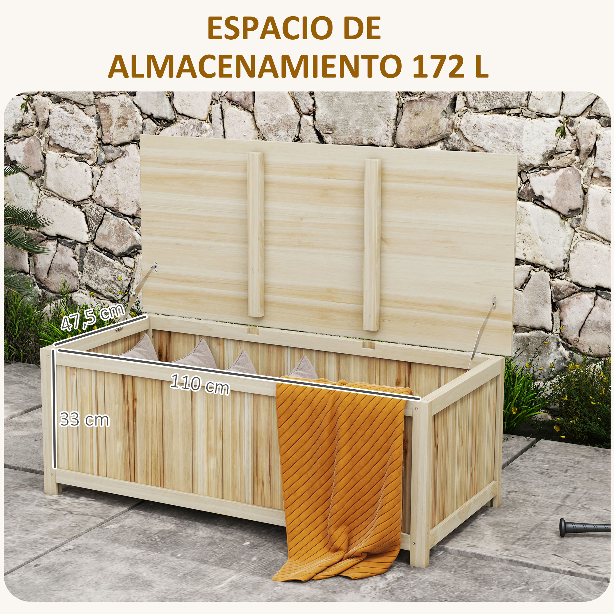 Banco de almacenamiento de madera con tapa abierta, cojines y manta. Dimensiones.