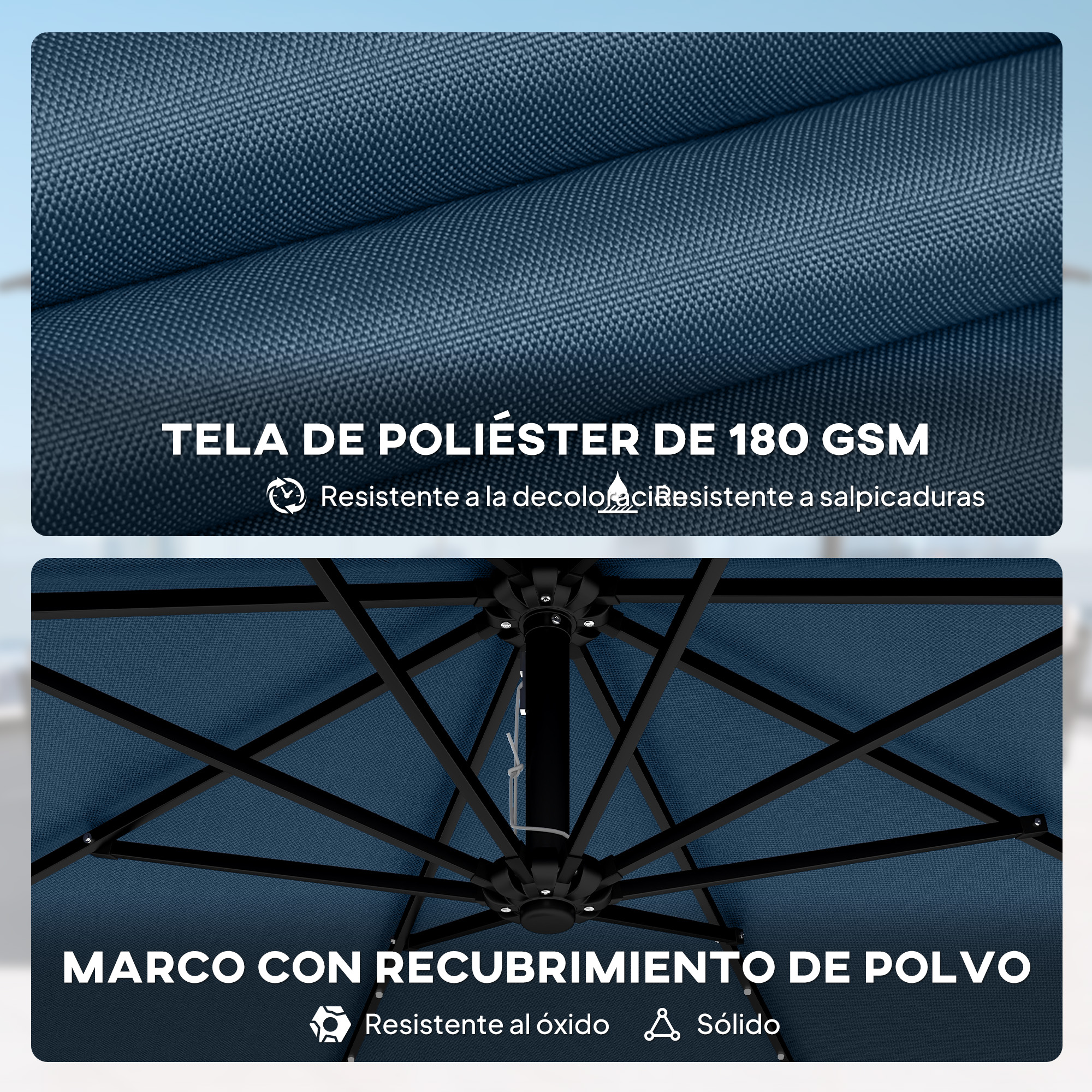 Tejido de poliéster azul con marco metálico. Resistente al agua y al desvanecimiento.