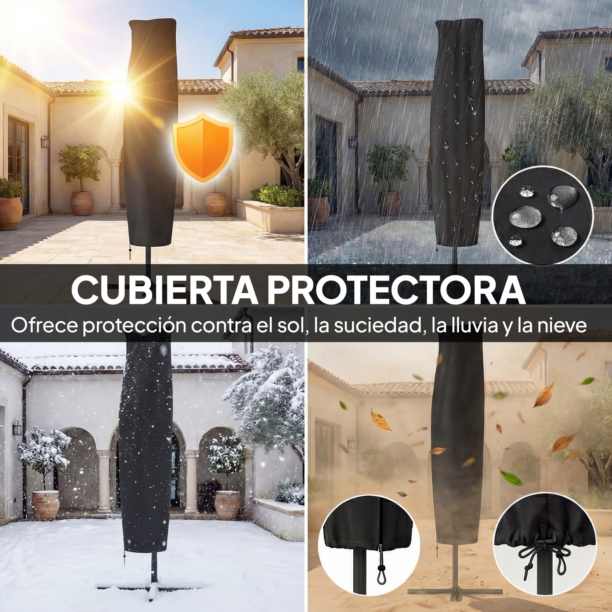 Funda protectora para sombrillas, mostrando protección solar, lluvia, nieve.