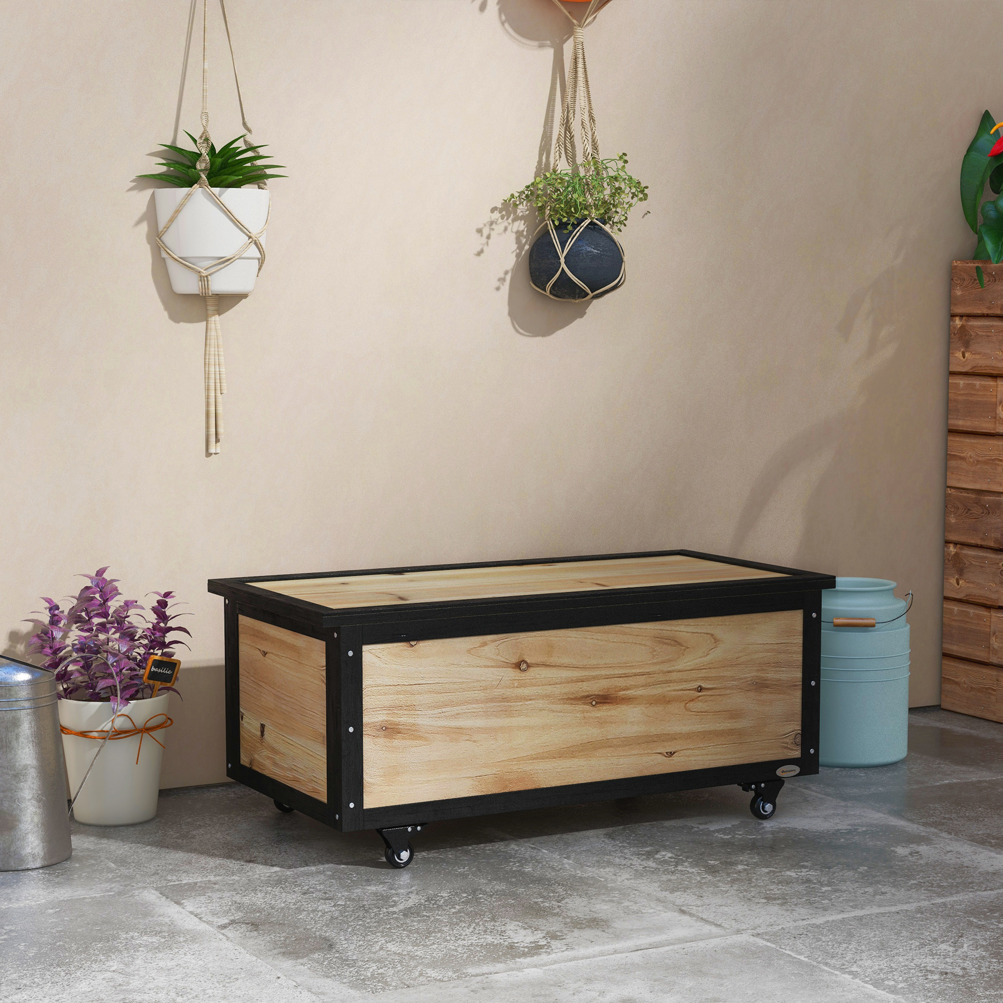 Cassapanca in legno con telaio in metallo nero su ruote. Piante appese.