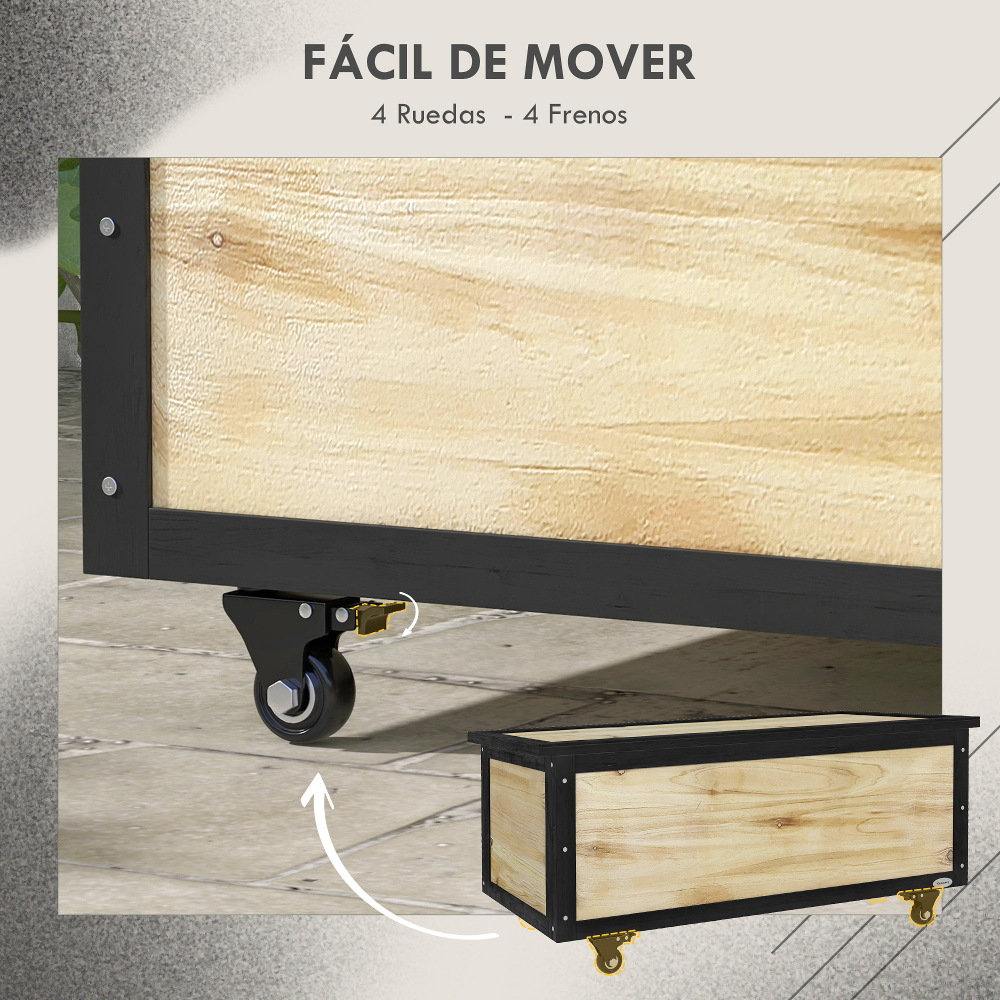 Caja de madera con bordes negros sobre ruedas con frenos. Fácil de mover.