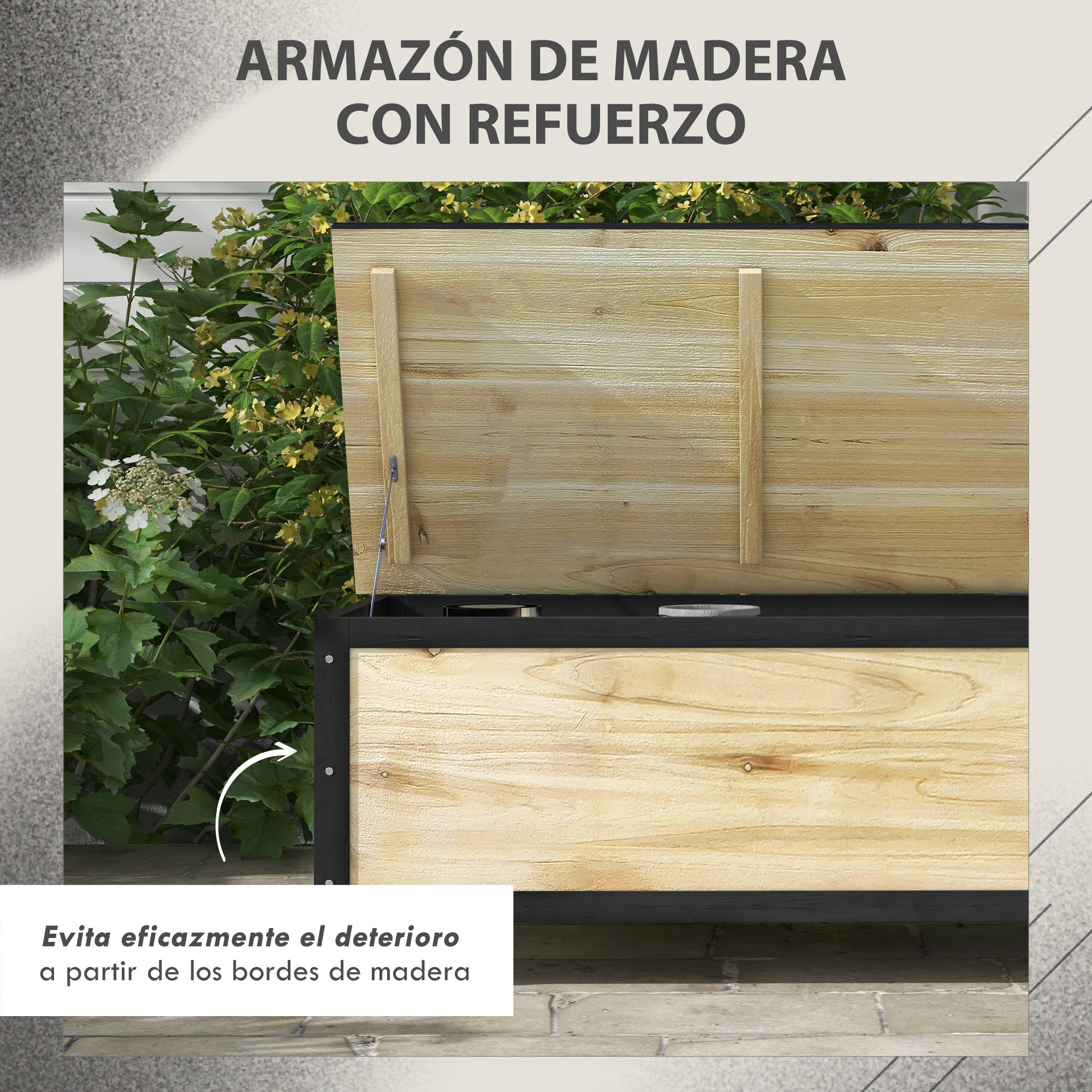 Armazón de madera con refuerzo, parcialmente abierto, con plantas verdes al fondo.
