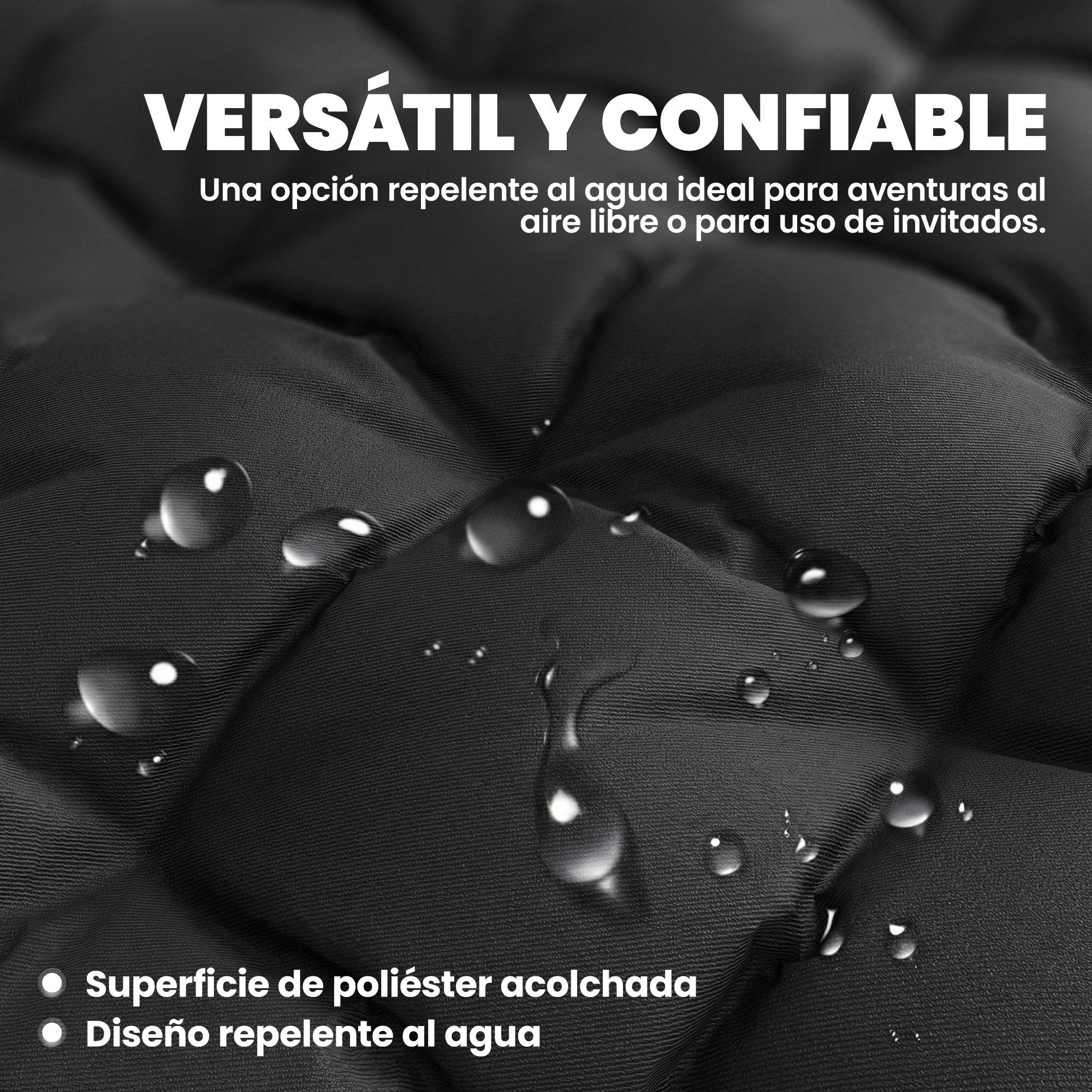 Poliéster acolchado negro con gotas de agua. Versátil y confiable.
