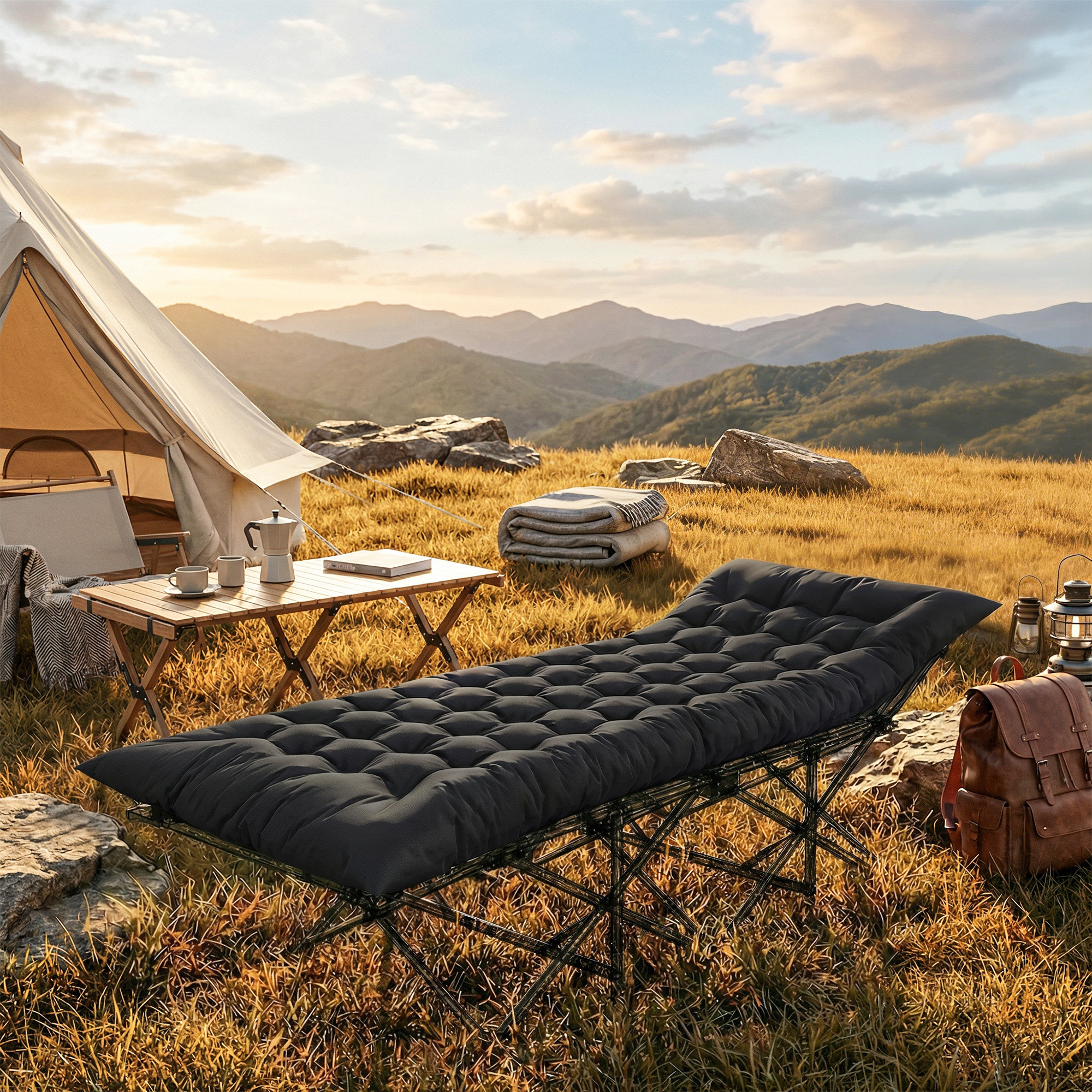 Un campamento con tienda, catre, mesa y vista a la montaña al atardecer.