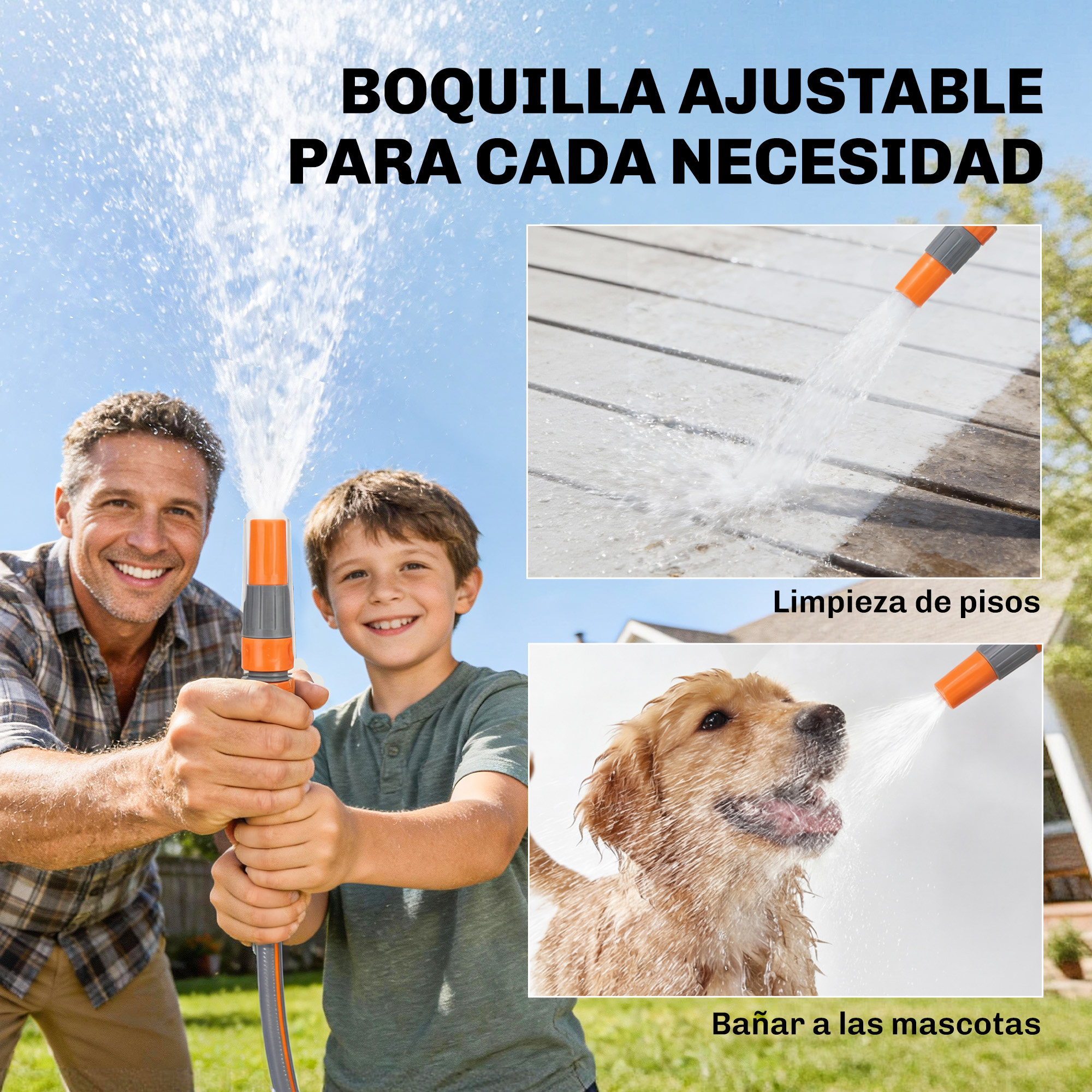 Padre e hijo sujetan manguera. Perro es rociado. Suelo es limpiado.