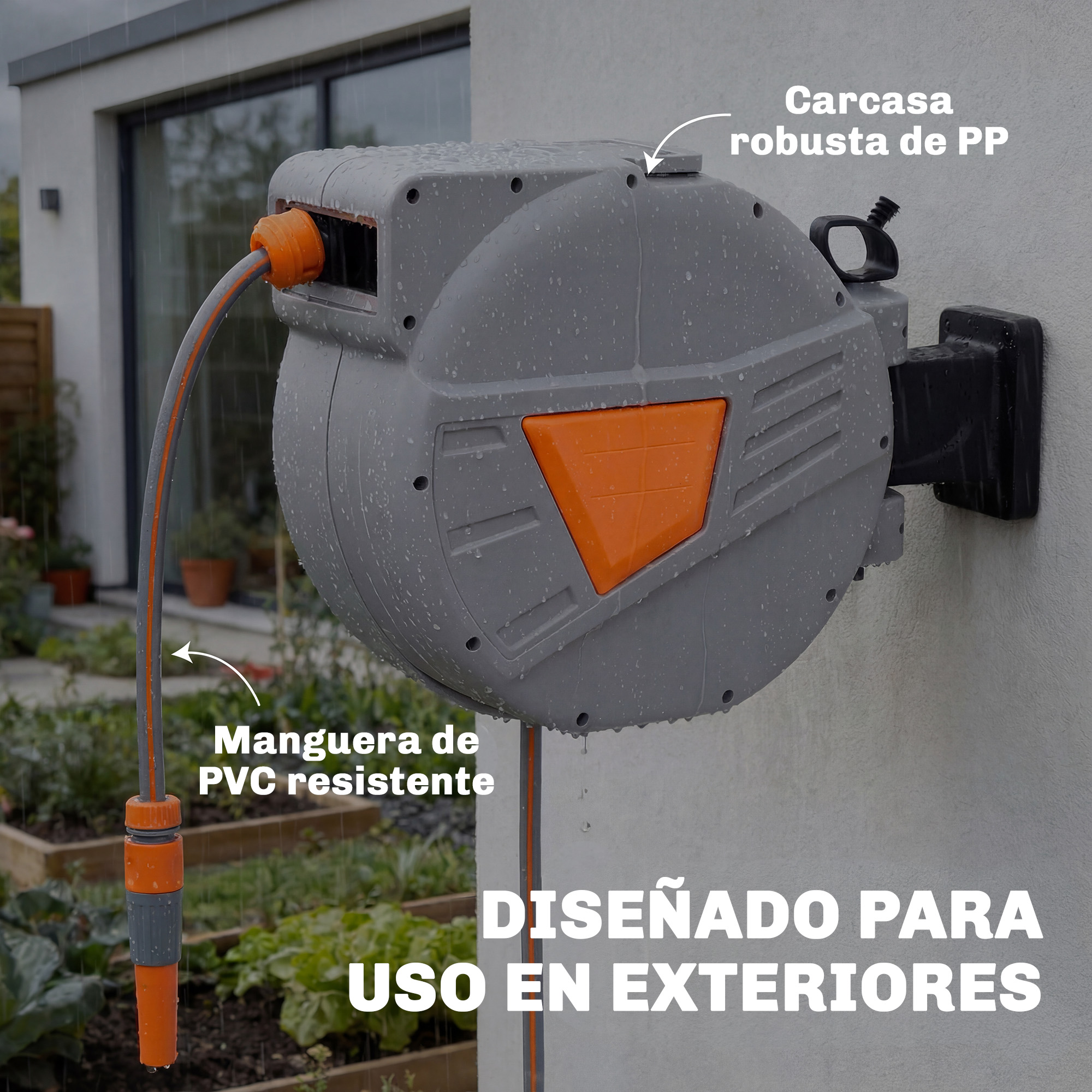 Enrollador de manguera gris con mango naranja, montado en una pared.
