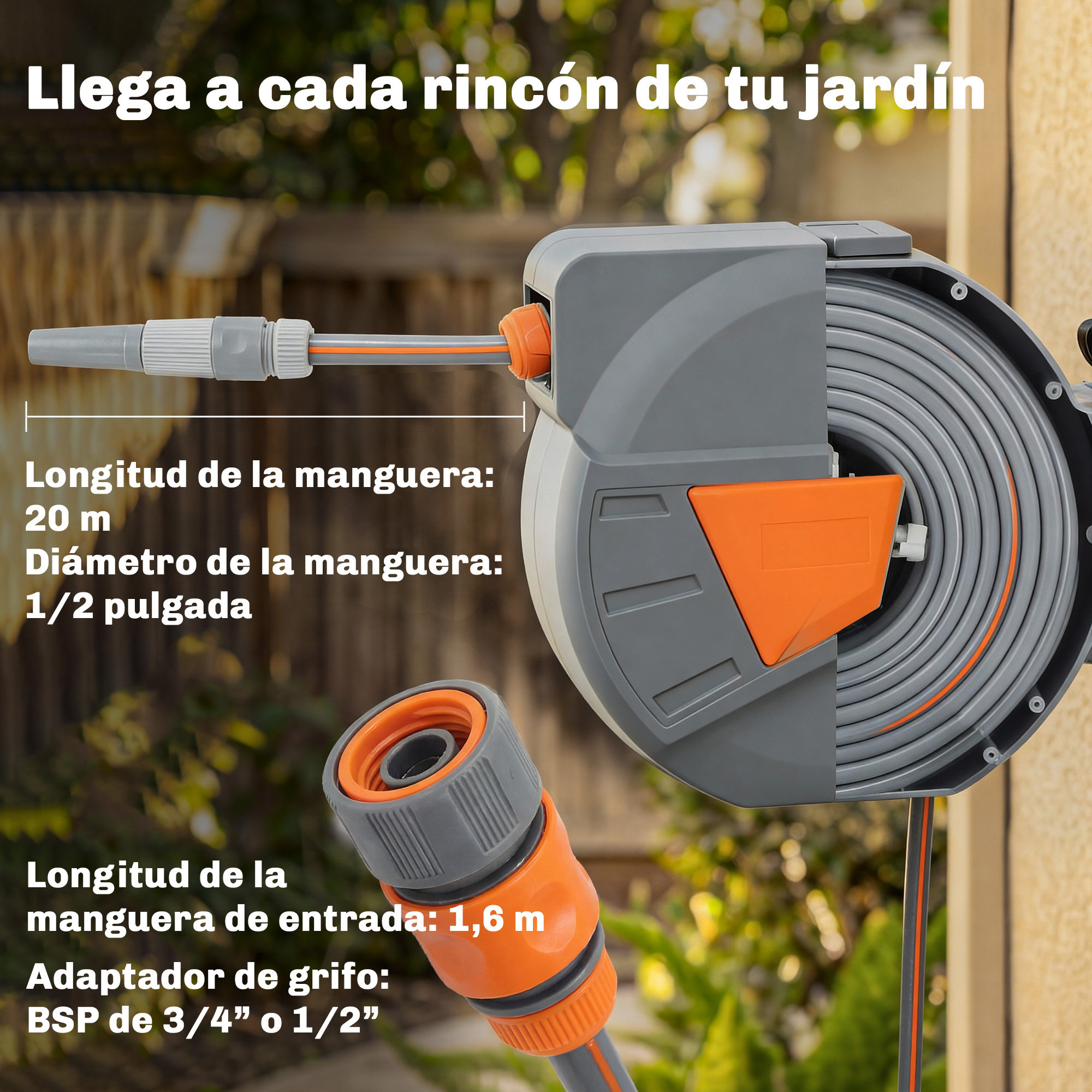 Un enrollador de manguera de jardín gris con detalles naranjas montado en la pared.