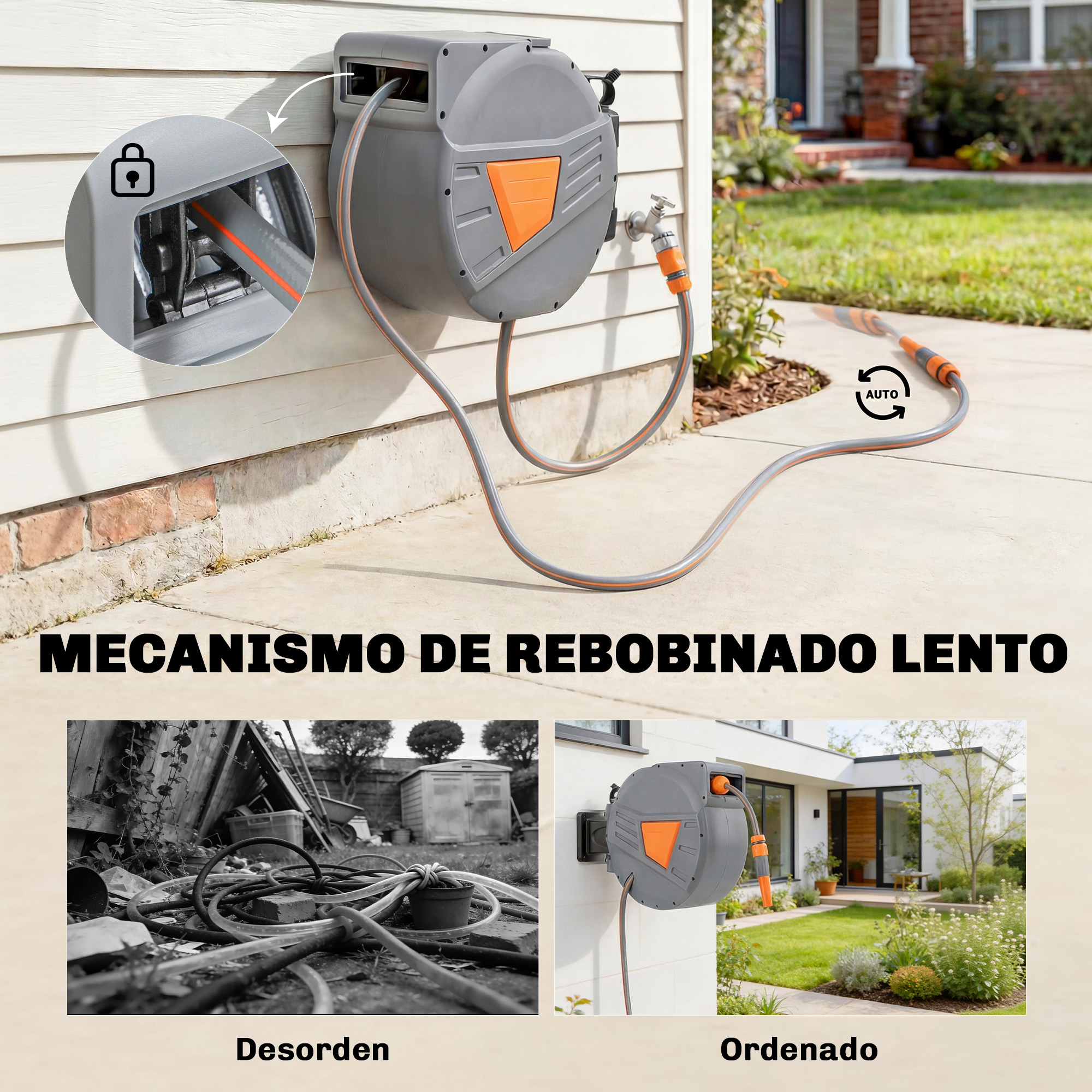 Enrollador de manguera gris en pared de casa, junto a un jardín desordenado y uno ordenado.