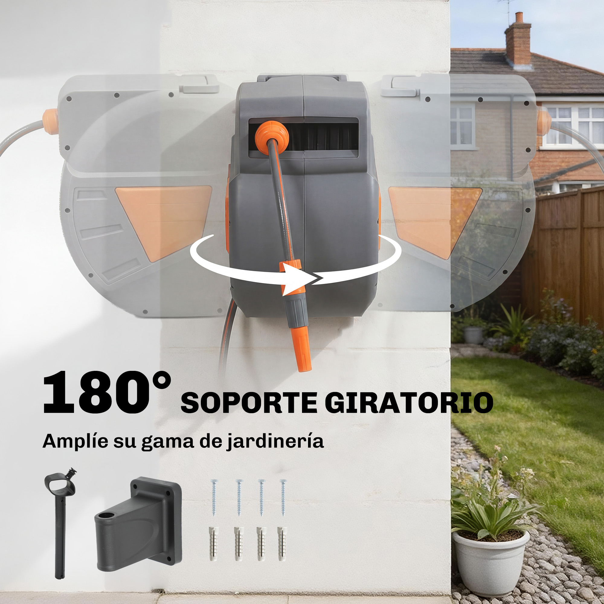 Carrete de manguera gris con detalles naranjas montado en una pared.