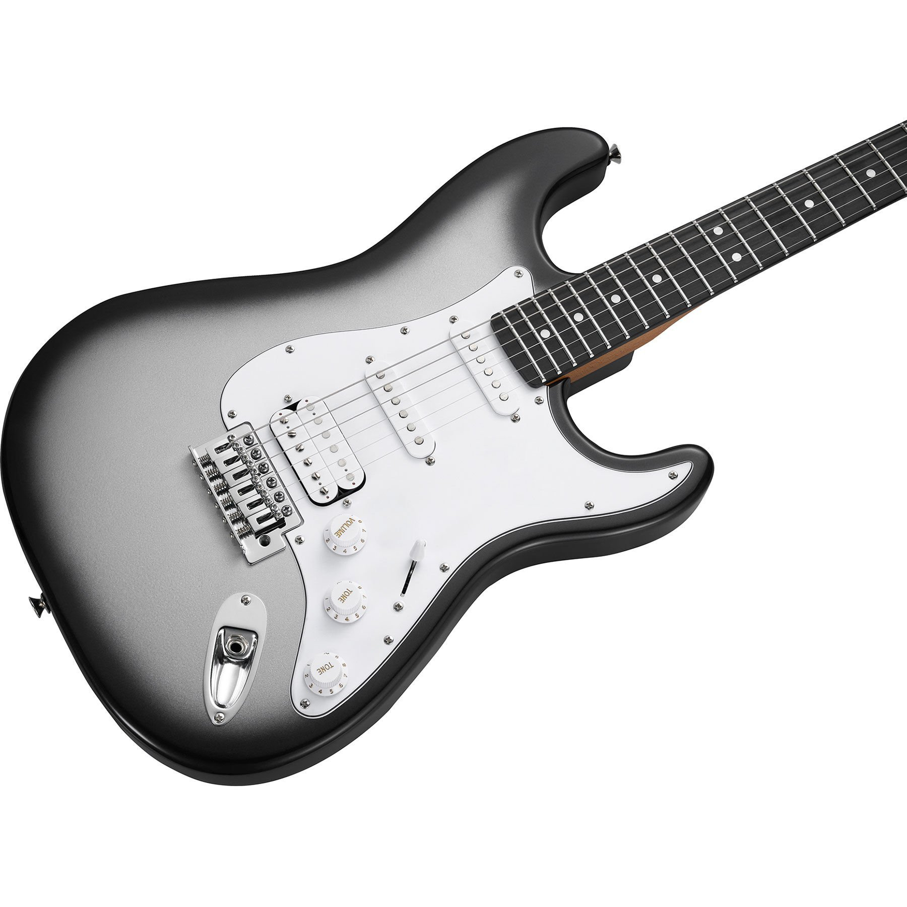 Beyaz pena korumalı ve siyah telli gümüş rengi elektro gitar.