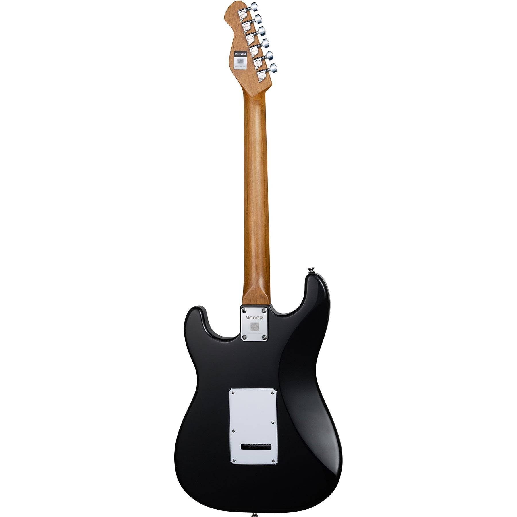 Ahşap saplı ve krom burgulu siyah elektro gitarın arka yüzü.