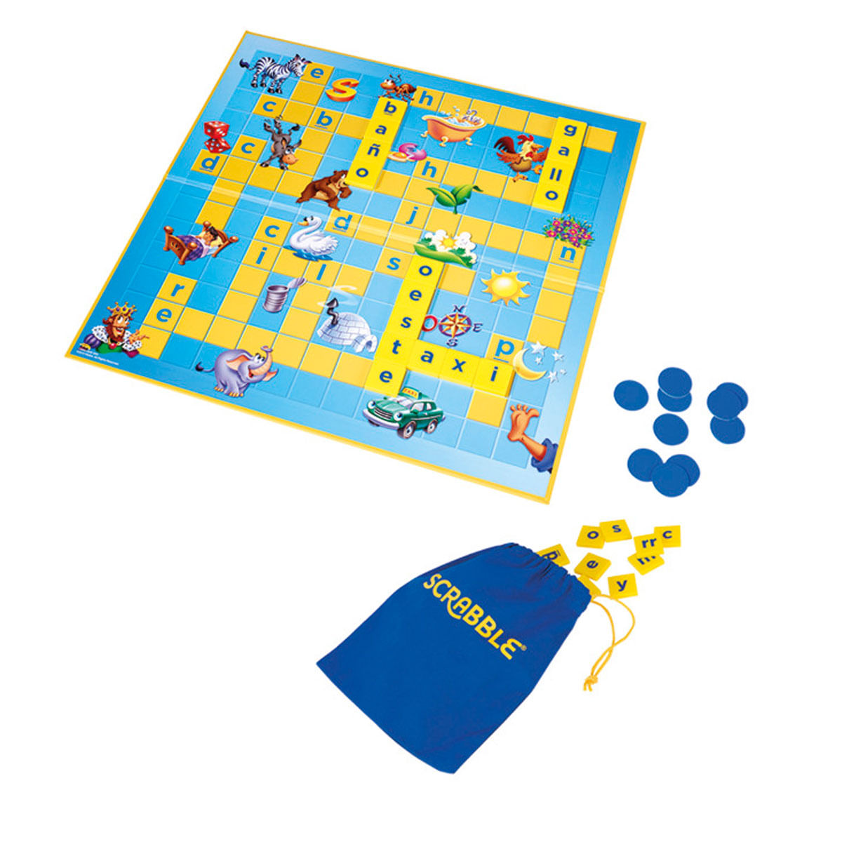 Un tablero de Scrabble con fichas de letras, discos azules y una bolsa.
