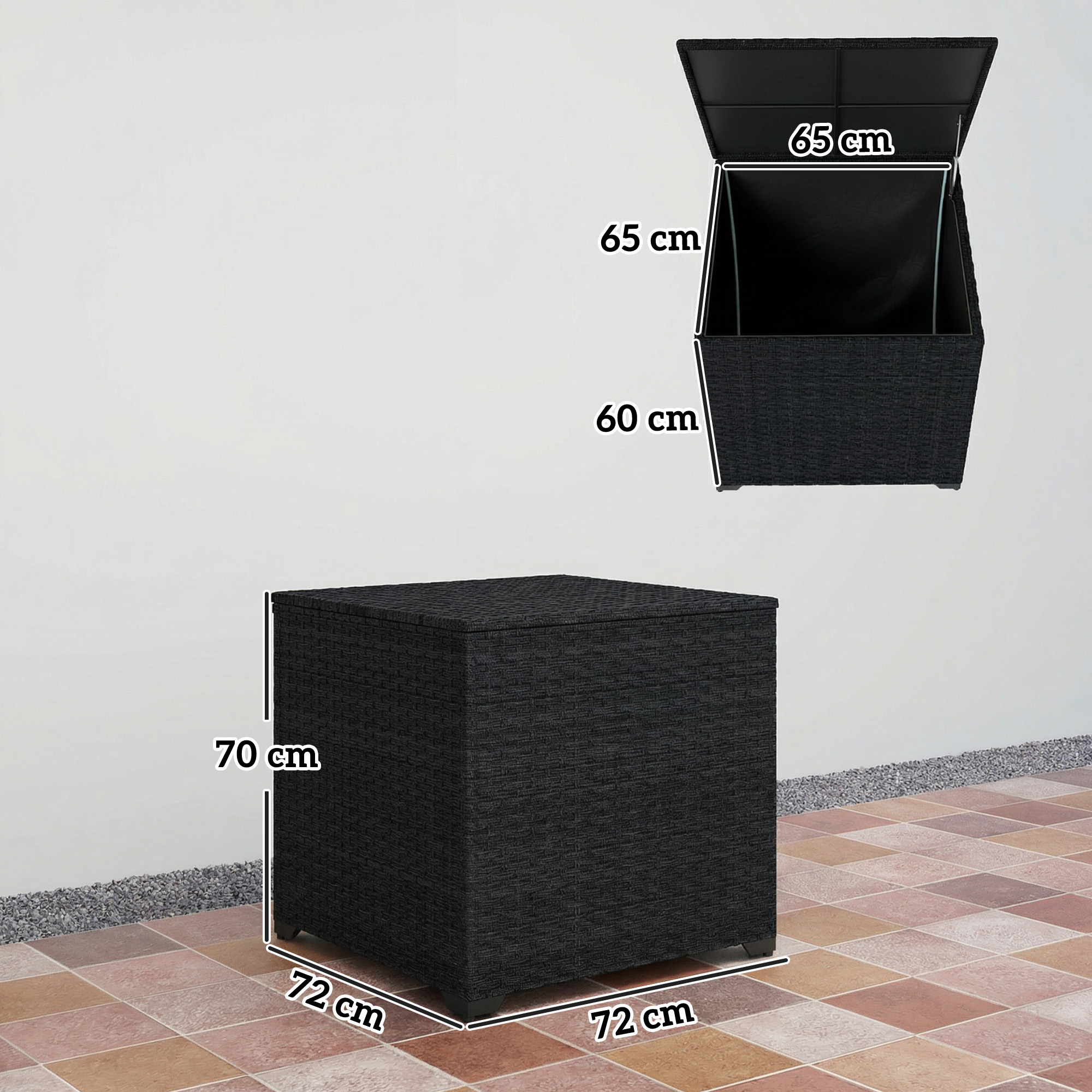 Cesta negra con tapa, dimensiones 72x72x70 cm. Una segunda cesta está abierta.