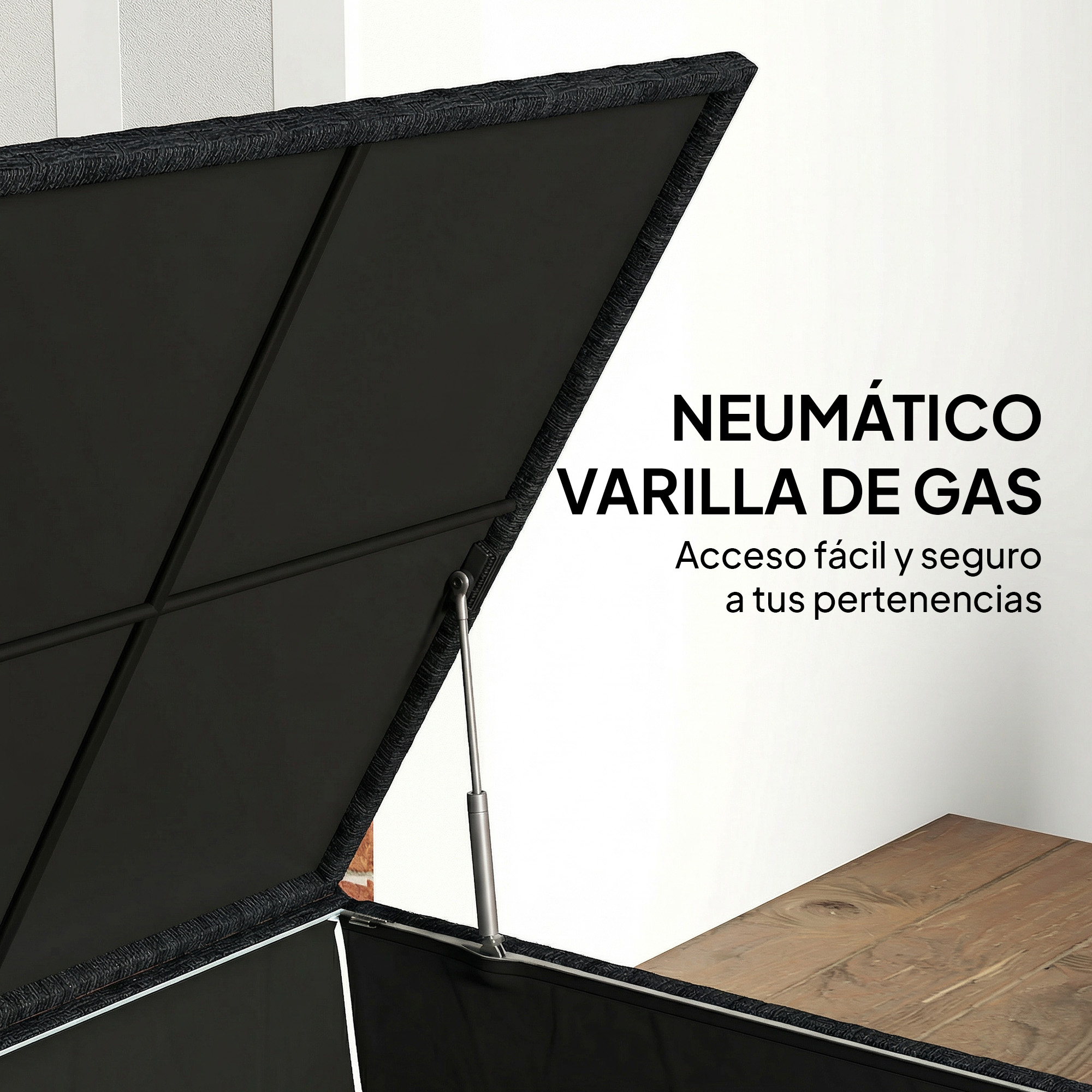 Baúl de almacenamiento negro con tapa abierta, resorte de gas visible.