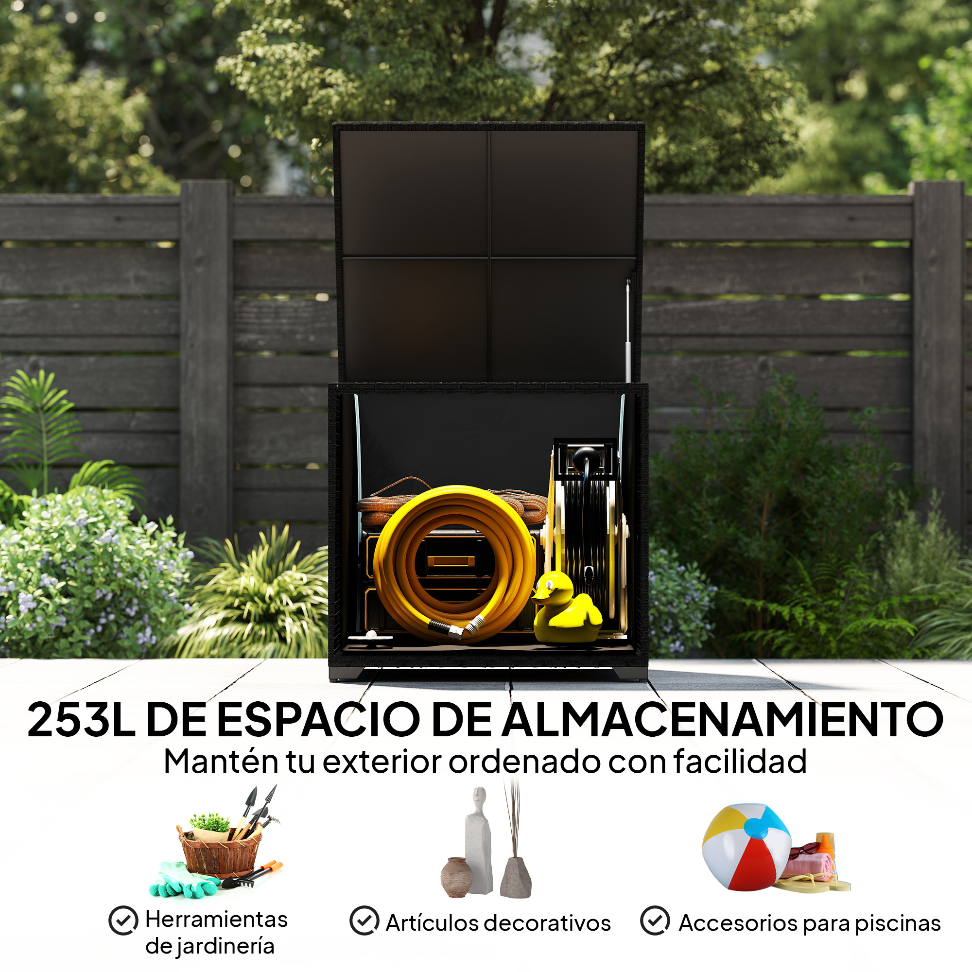 Caja de almacenamiento negra abierta con manguera y pato de goma amarillo.