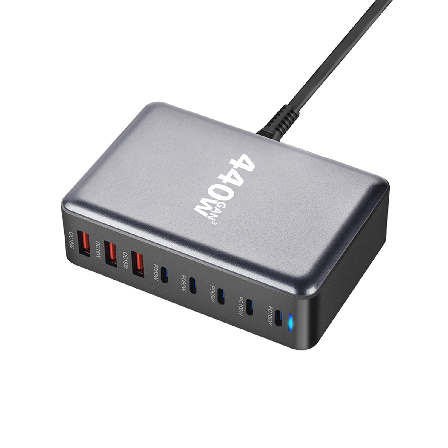 Cargador GAN3 gris de 440W con múltiples puertos y cable negro.