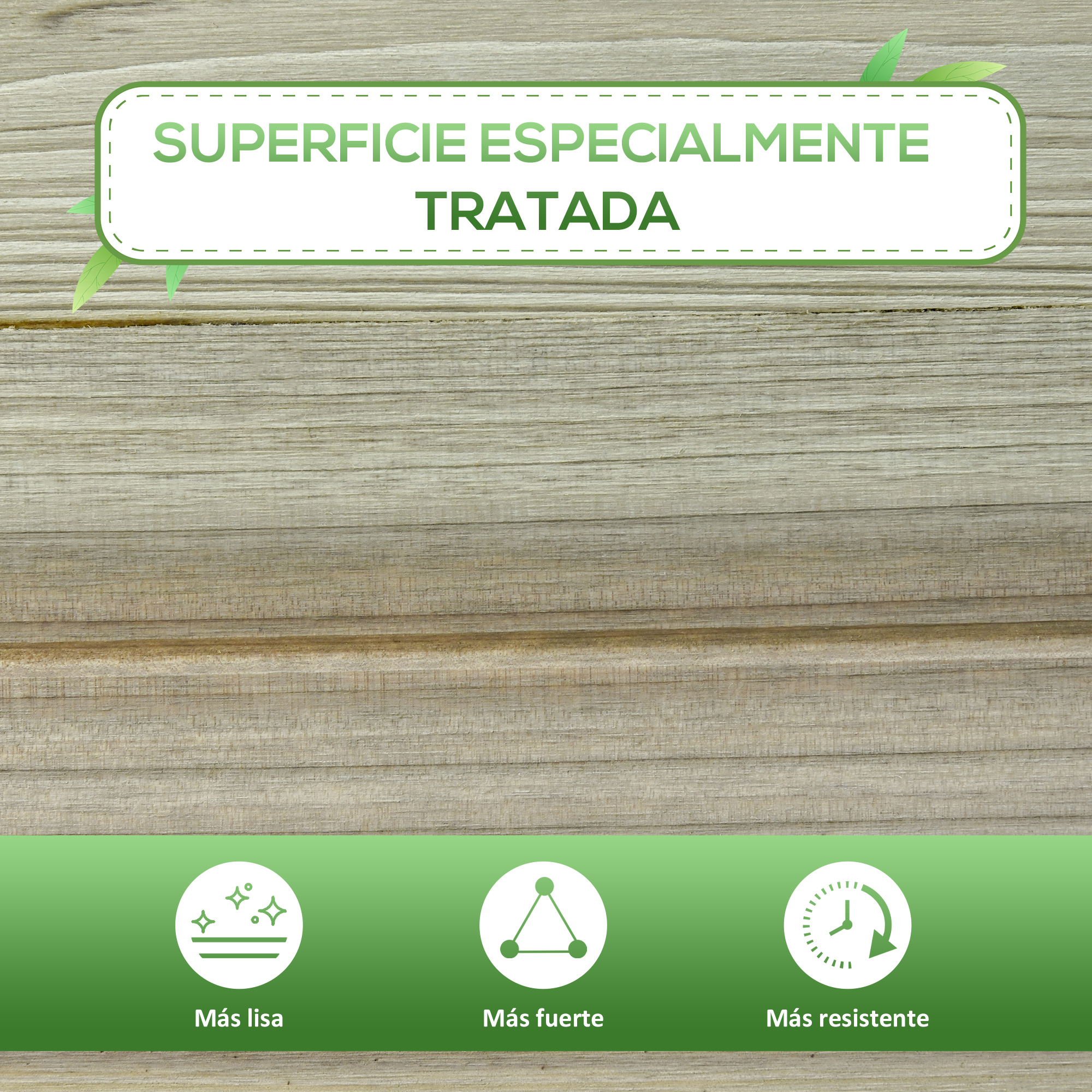 Superficie de madera con iconos de lisura, fuerza y resistencia.