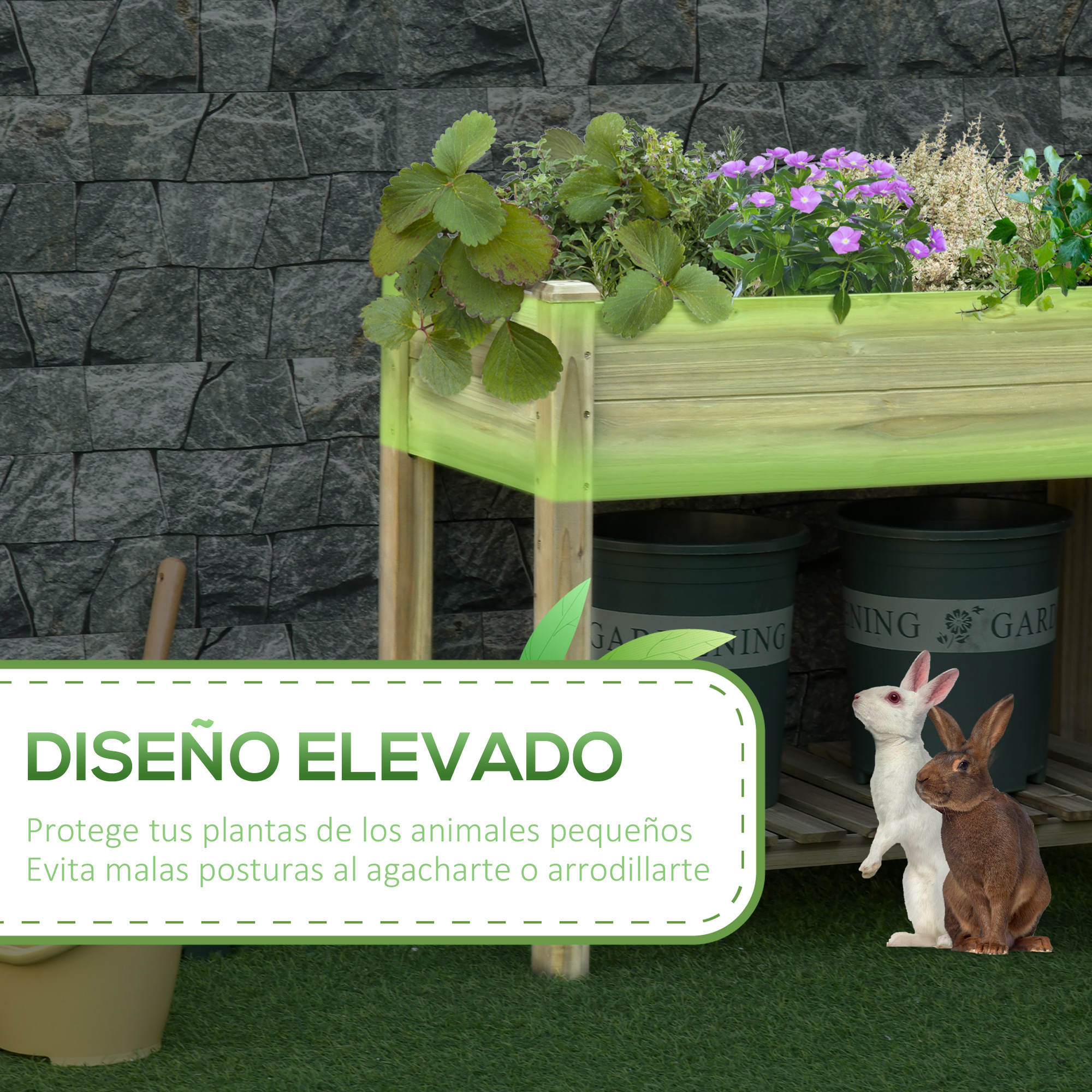 Un bancal elevado con plantas, dos conejos y contenedores de jardín.