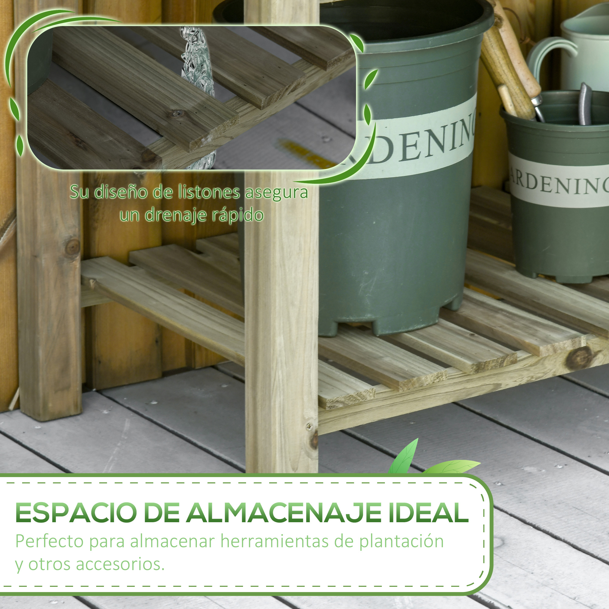 Estante de madera con macetas verdes y herramientas de jardín. Drenaje rápido.
