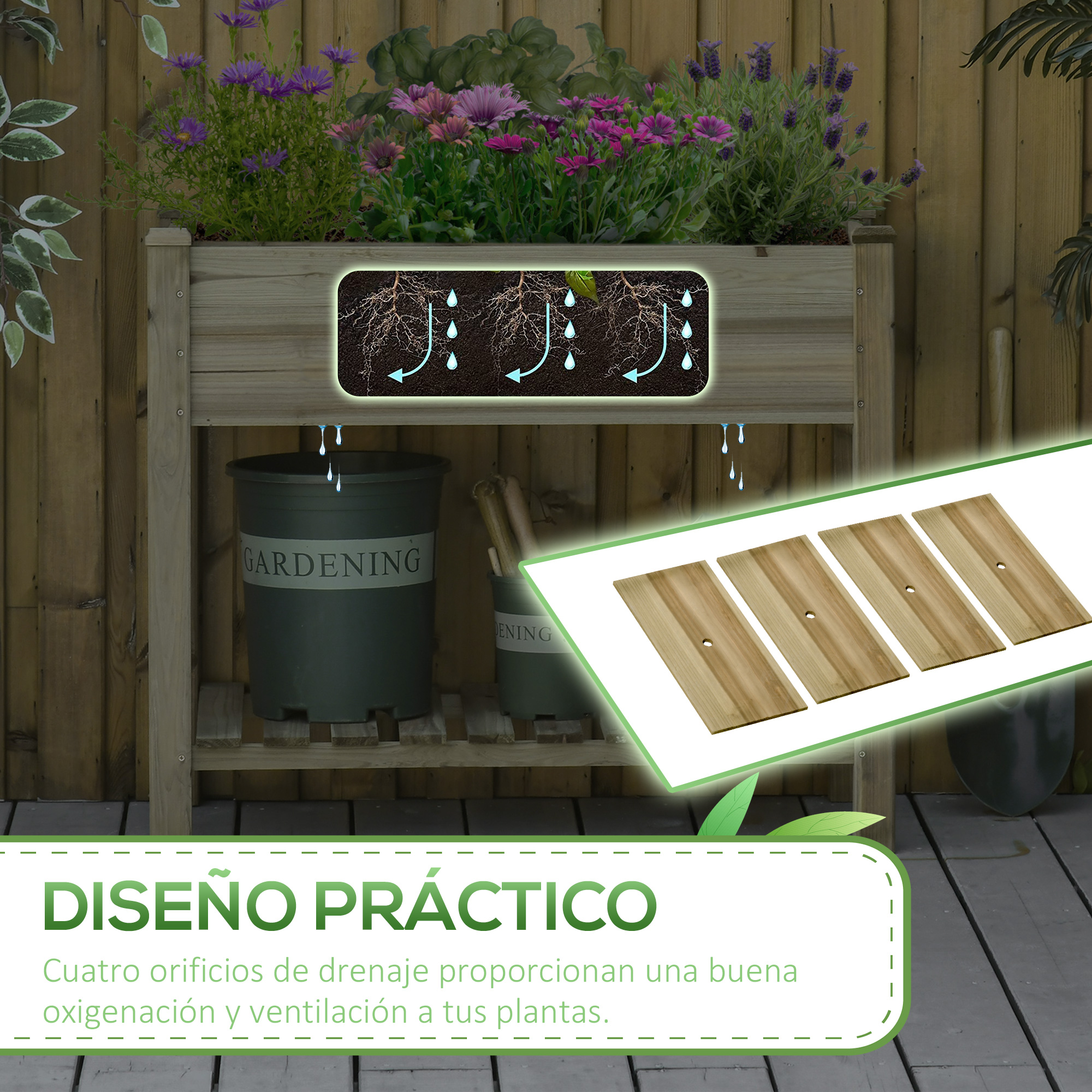 Jardinera elevada de madera con flores y diagrama de drenaje. Maceta verde debajo.