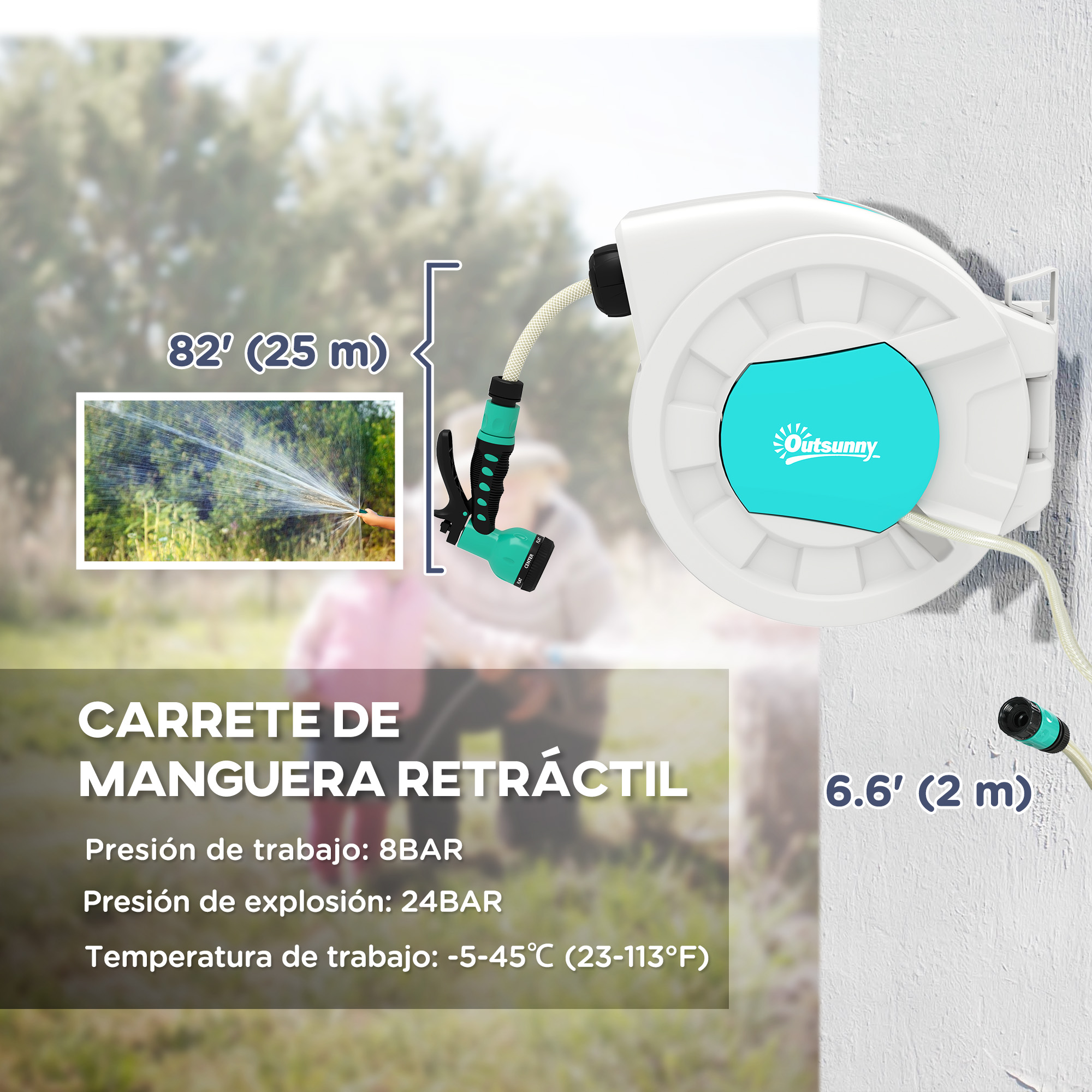 Carrete retráctil de manguera blanca con boquilla de pulverización verde. Longitud de 82' (25 m).