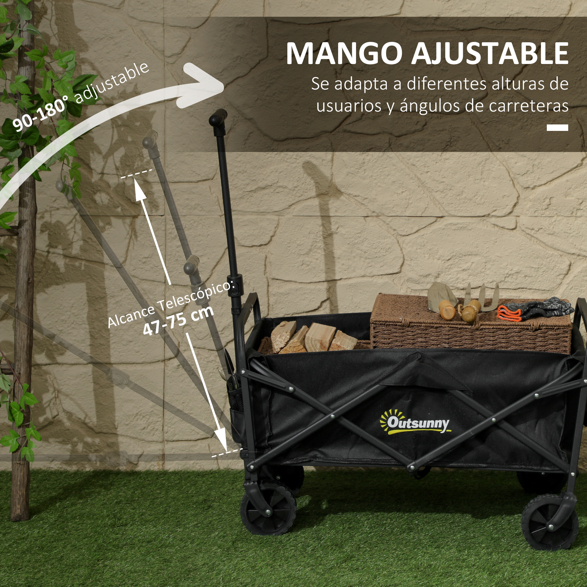 Mango ajustable con alcance de 47-75 cm sobre césped frente a pared.