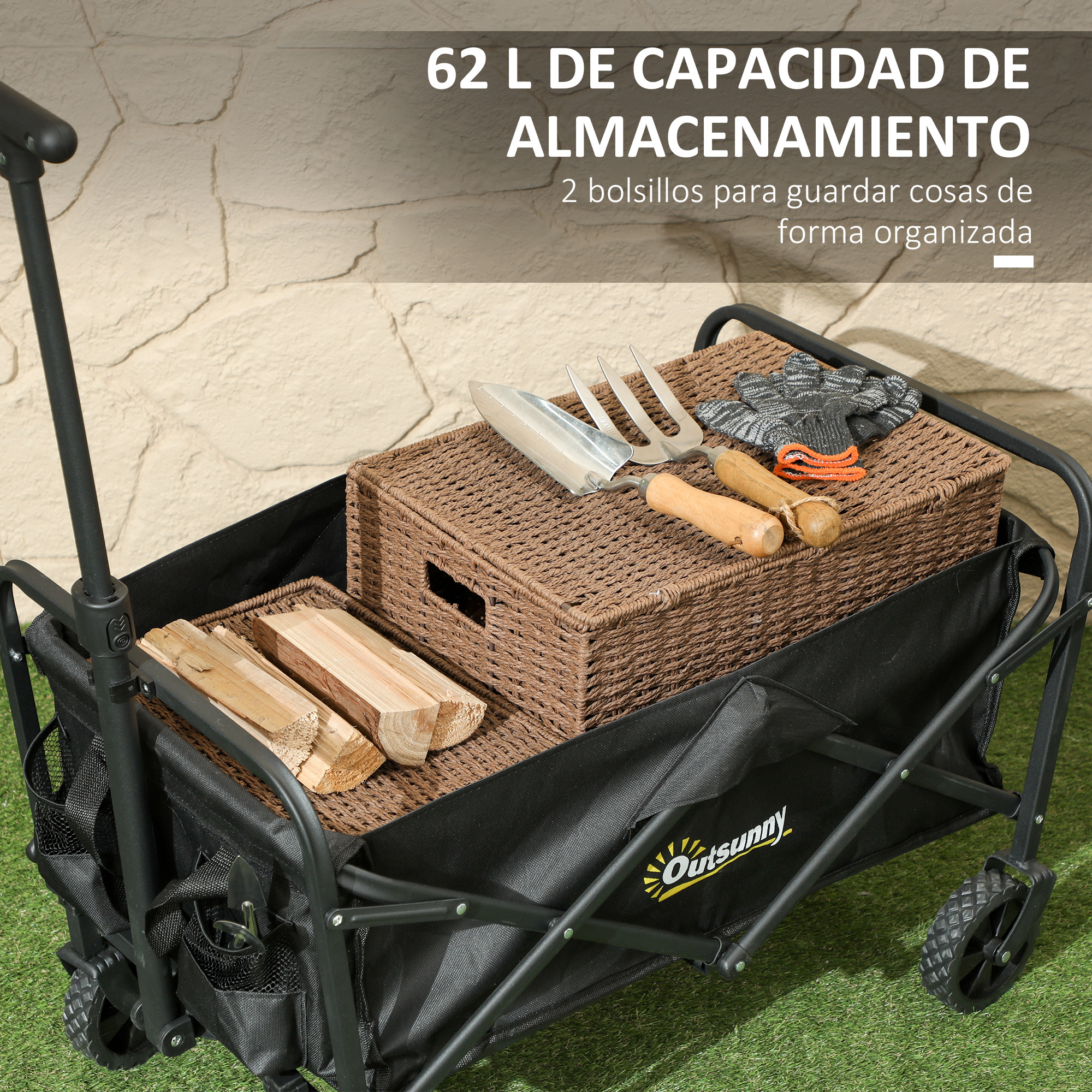Un carro de jardín con leña, una caja de mimbre, herramientas y guantes.