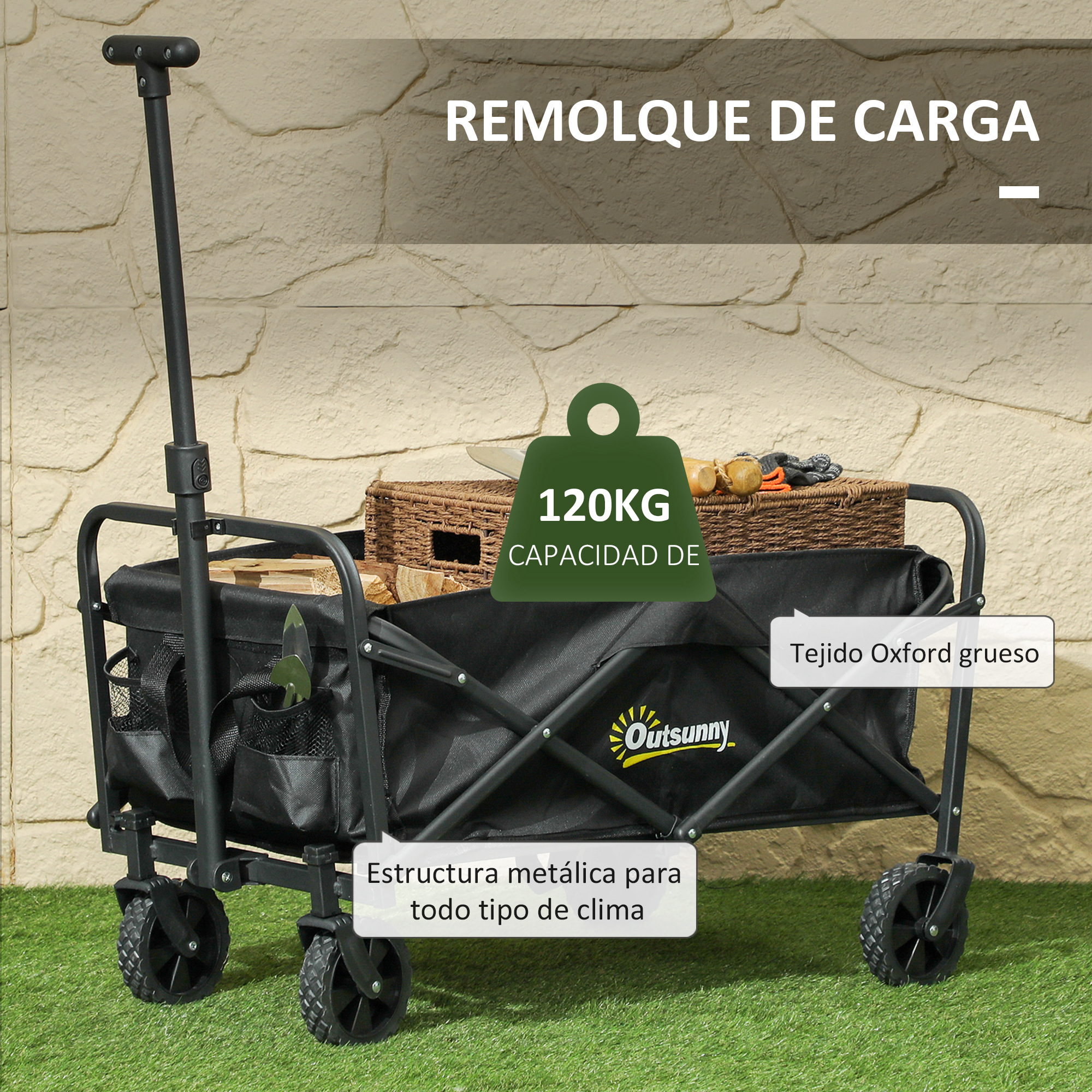 Remolque plegable negro con ruedas, lleno de leña y una cesta. Capacidad de 120 kg.