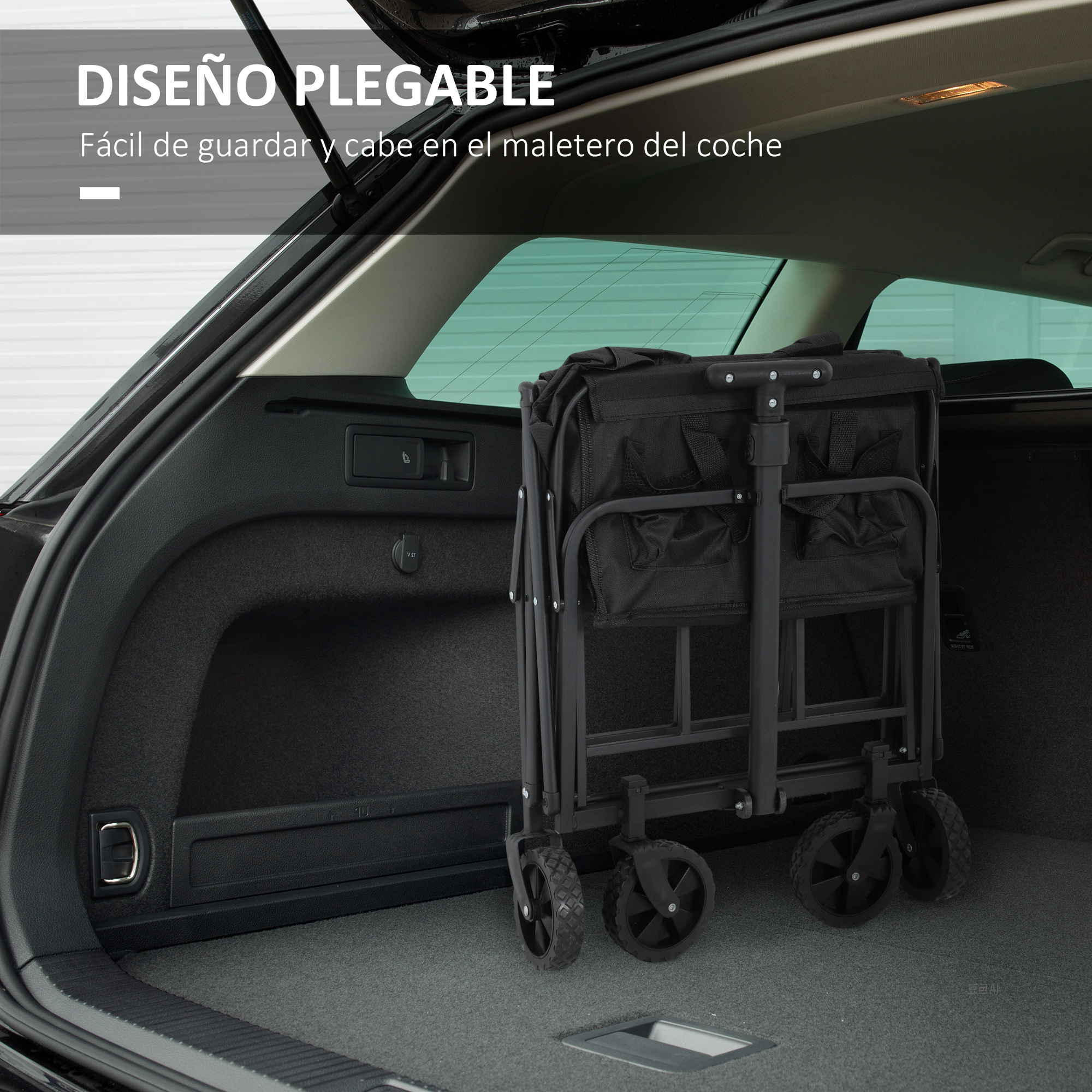 Un carrito plegable negro con ruedas está en el maletero.
