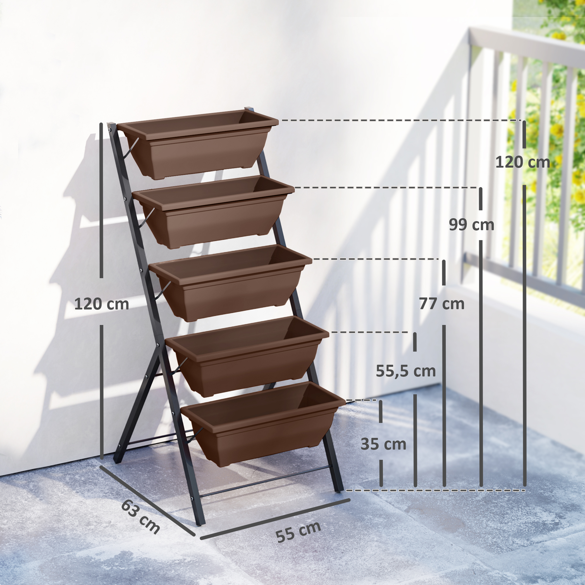 Un soporte vertical para plantas con cinco macetas marrones, de 120 cm.